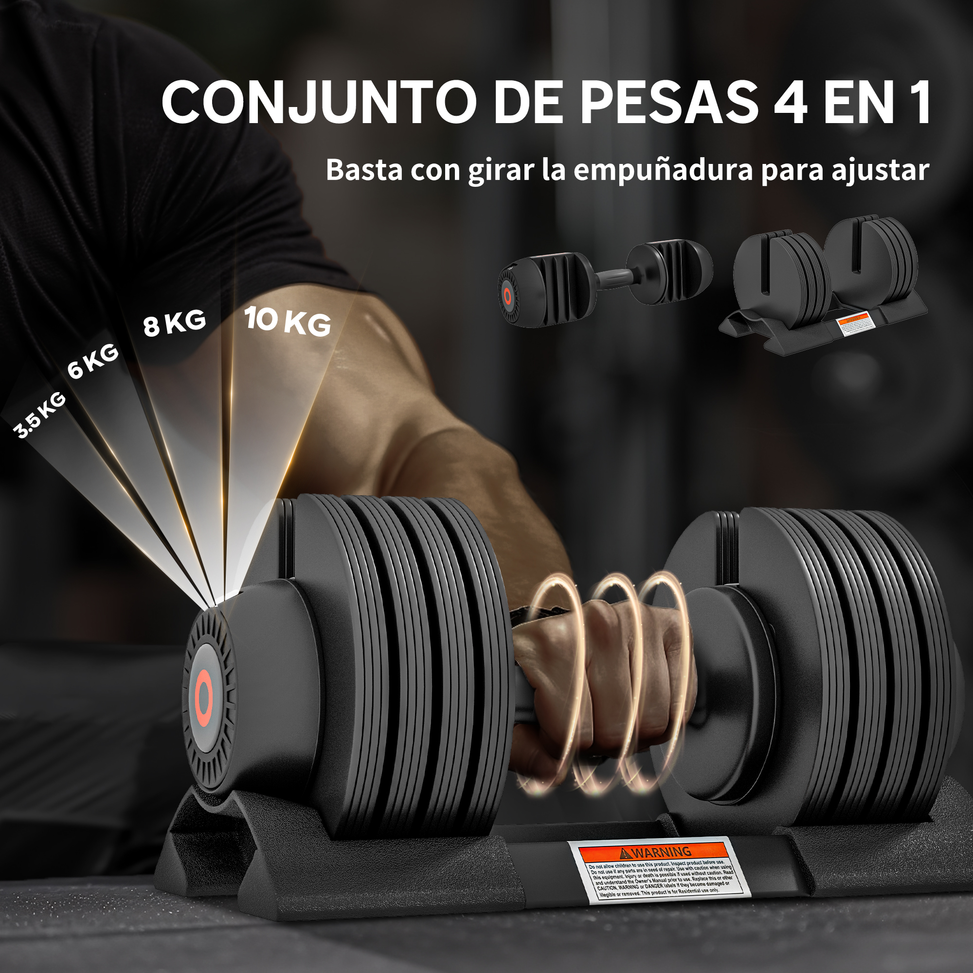 Mancuerna ajustable en un soporte, mostrando pesos de 3,5 a 10 kg.