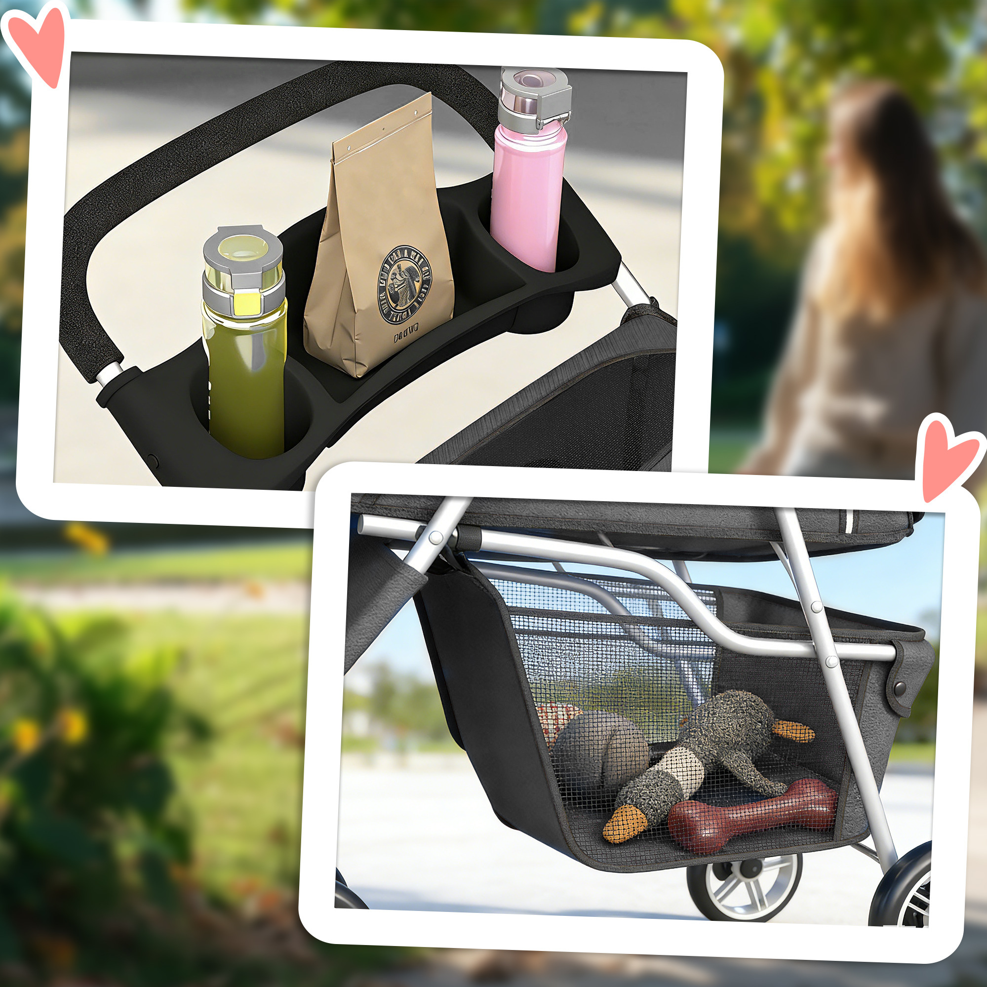 Un andador con bebidas y una bolsa arriba y juguetes abajo.