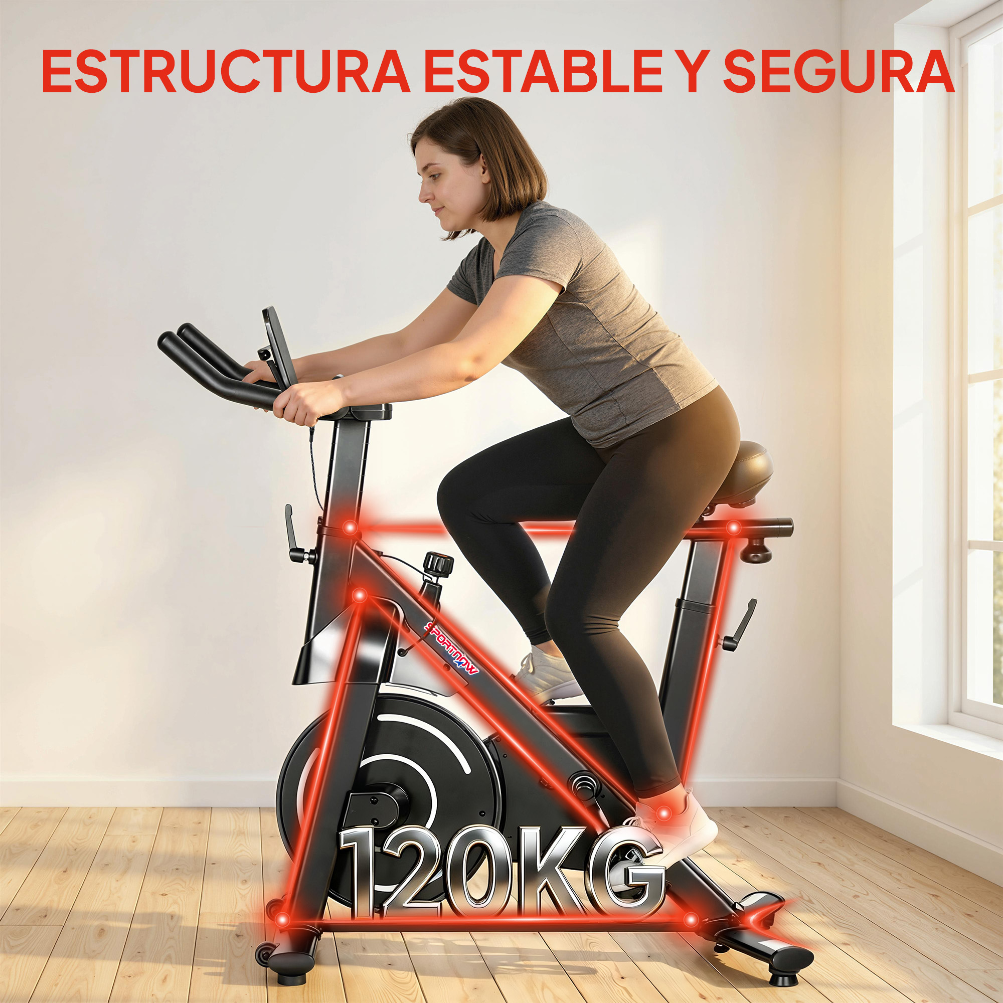 Una mujer en una bicicleta estática negra con reflejos rojos y texto '120KG'.