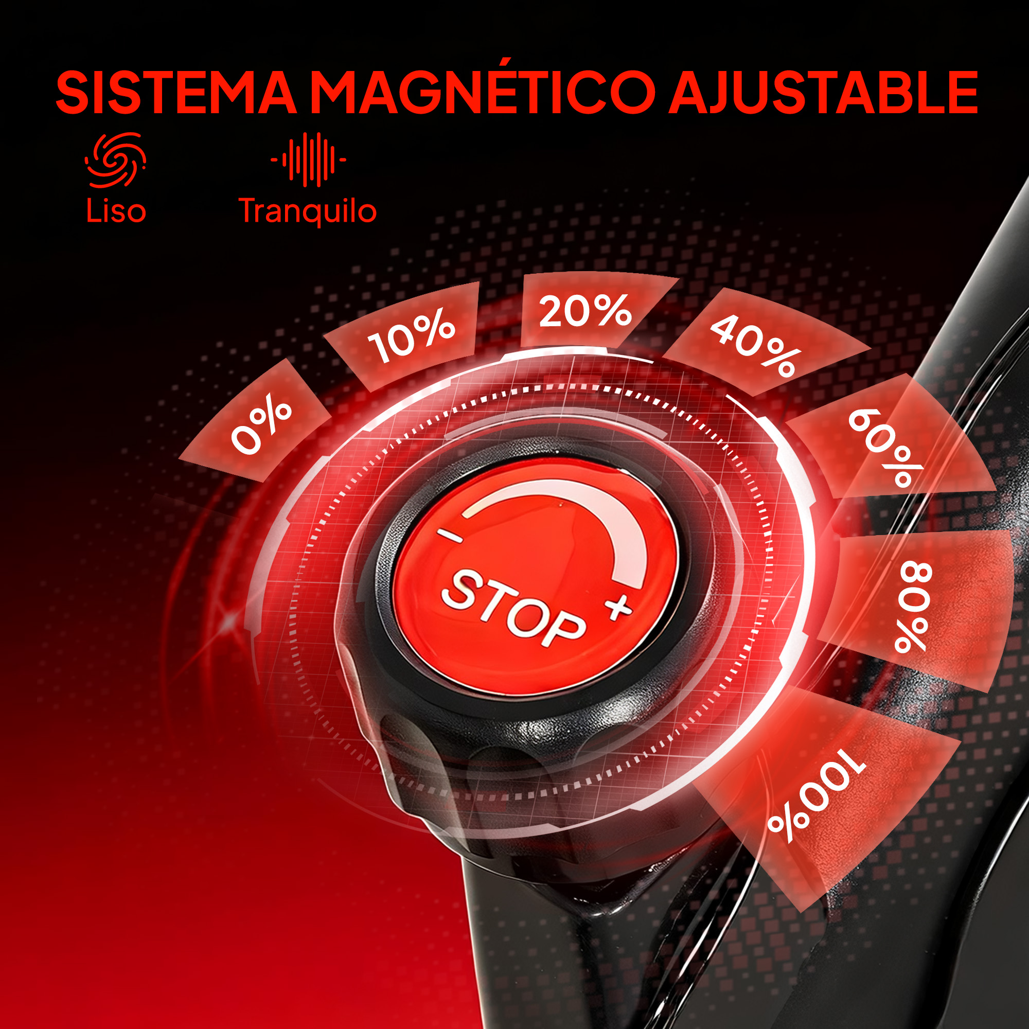 Panel de control rojo con botón 'STOP', indicadores de porcentaje e iconos 'Liso'/'Tranquilo'.