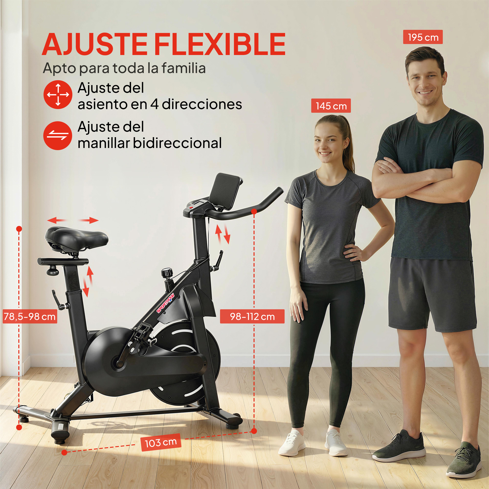 Bicicleta estática negra con dos personas, se muestran las dimensiones.