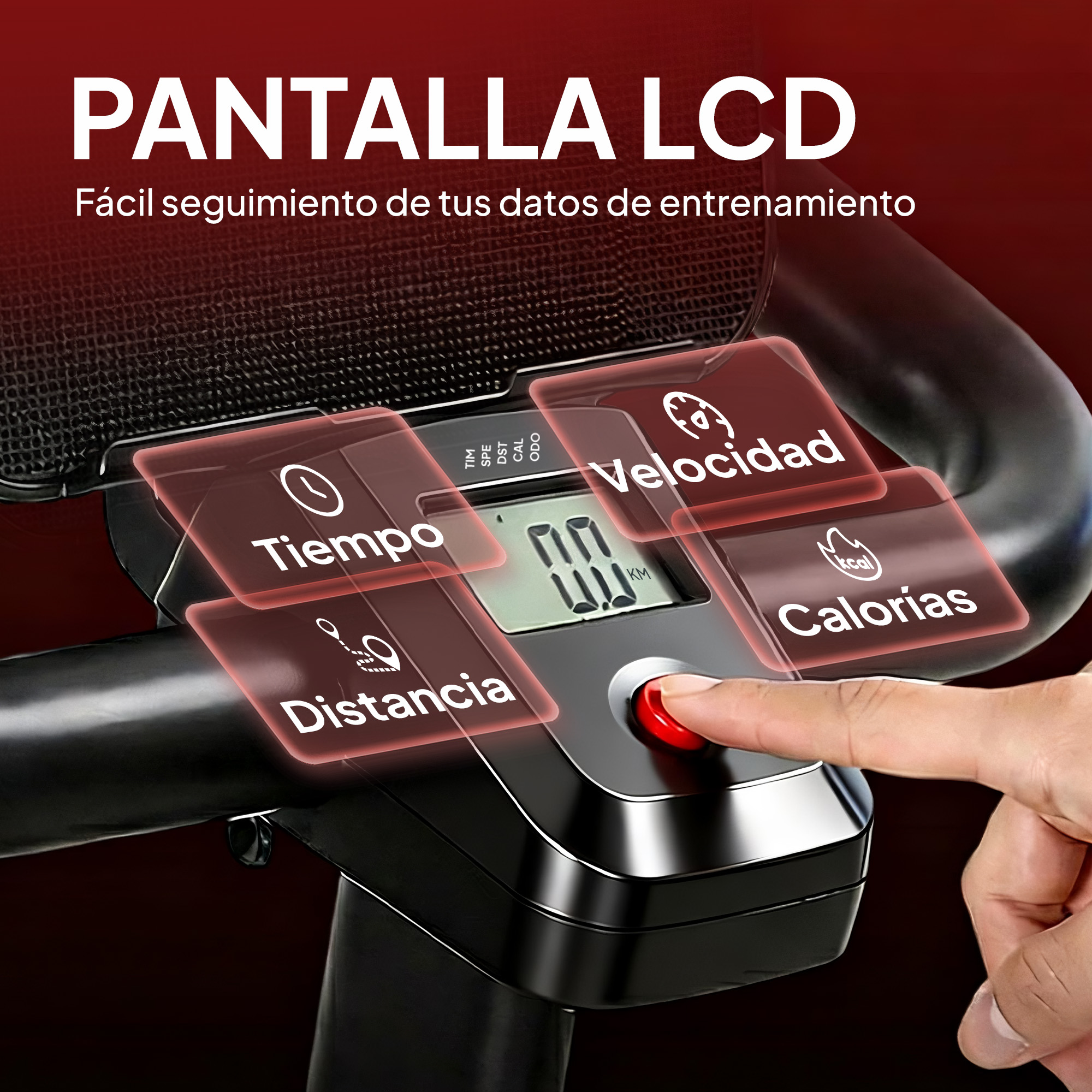 Un dedo presiona un botón rojo en la pantalla de una cinta, mostrando tiempo, distancia, velocidad y calorías.