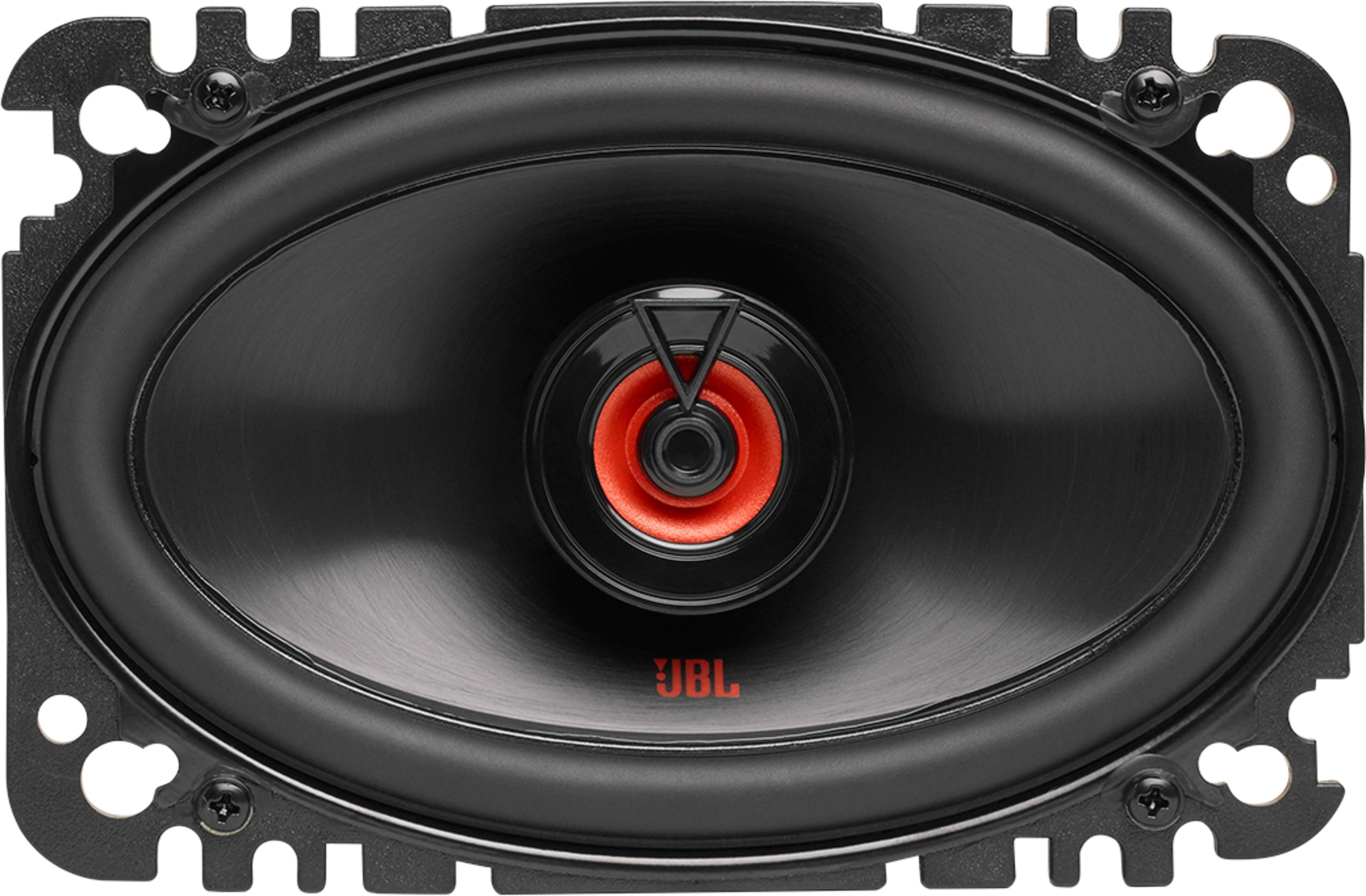 Zwarte ovale luidspreker met rode kern en JBL-logo.