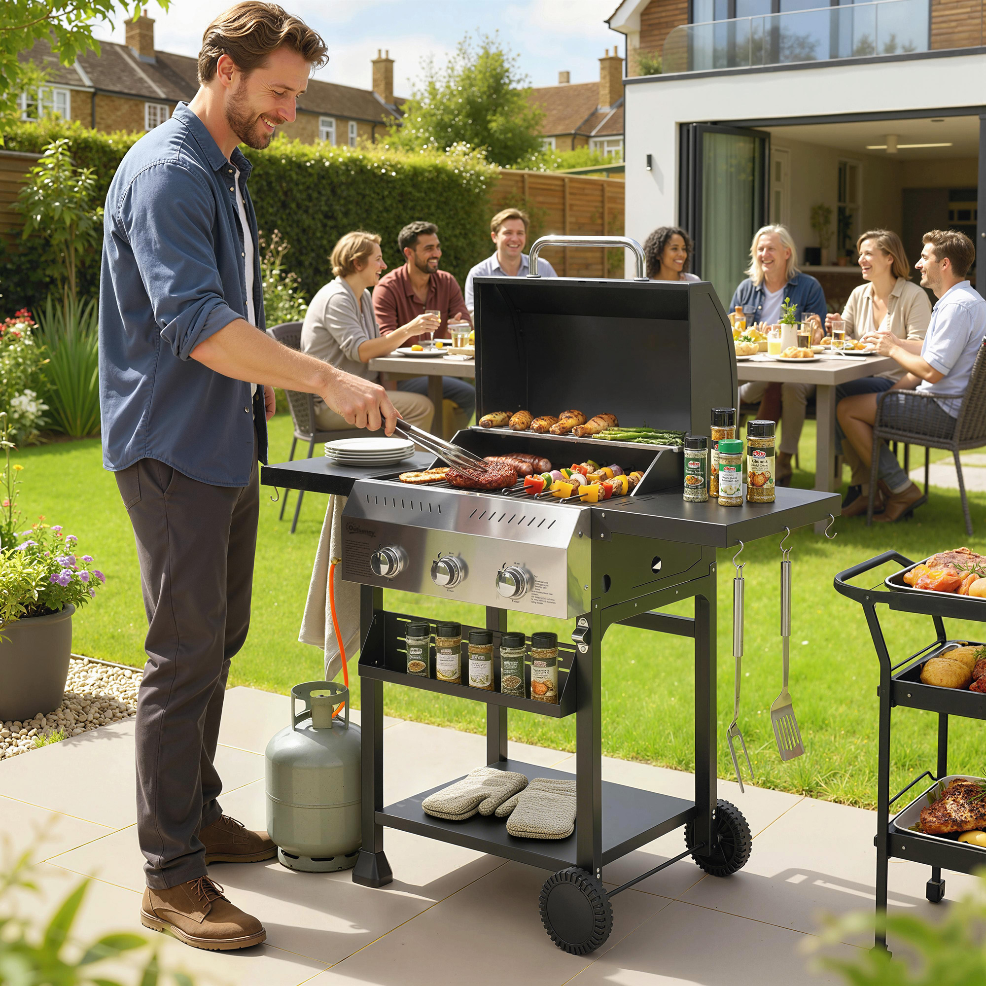 Hombre asando en un jardín, invitados sentados en una mesa. Carne y verduras a la parrilla.