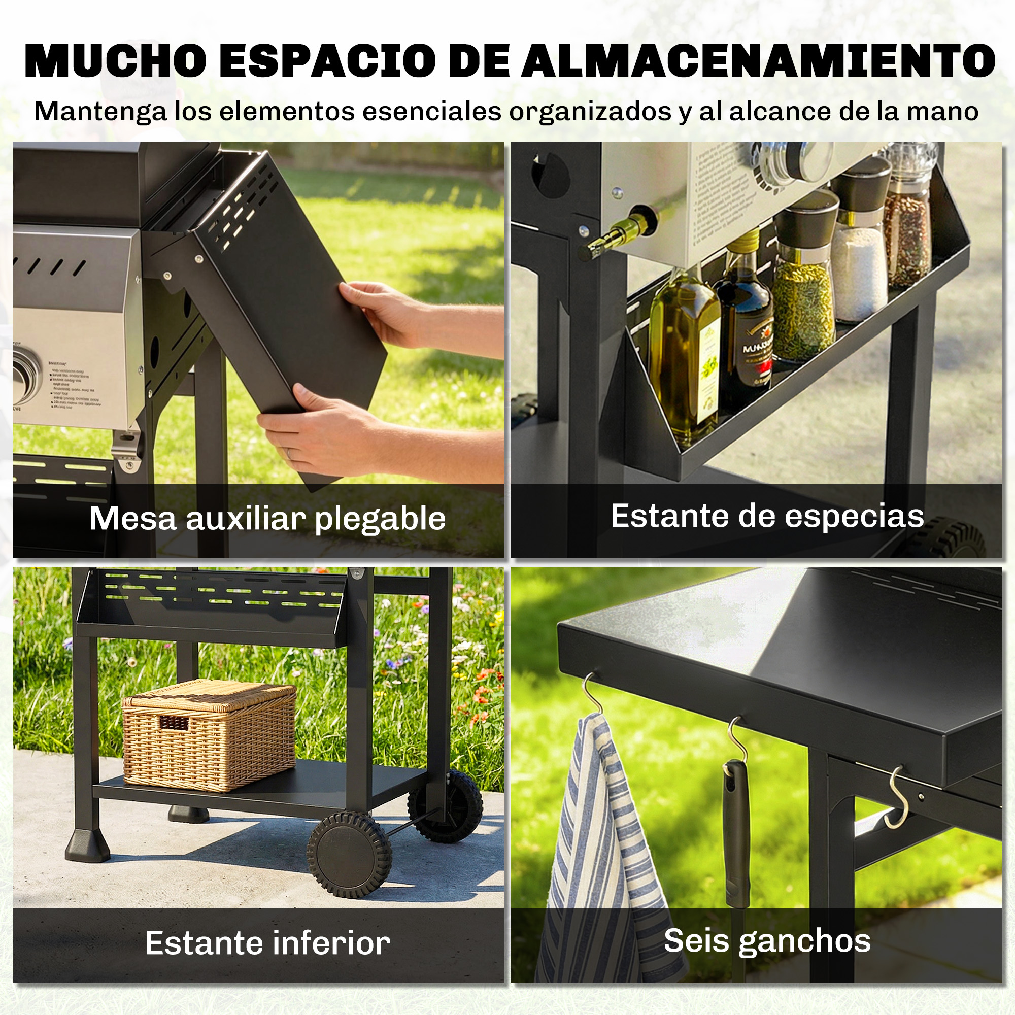 Parrilla con mesa lateral plegable, estante de especias y ganchos.