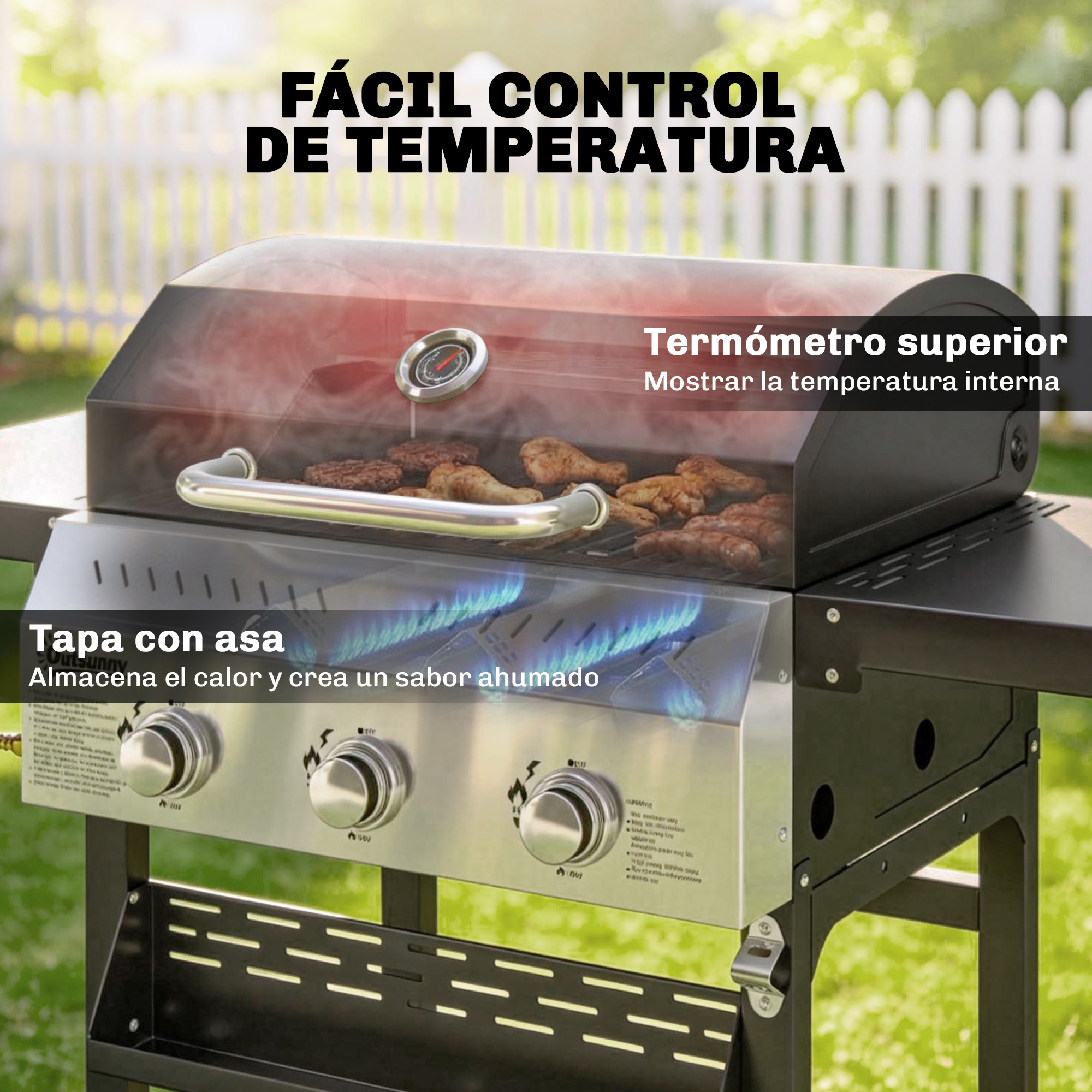 Una parrilla de gas con la tapa abierta, cocinando carne y muslos de pollo. Llamas azules visibles.