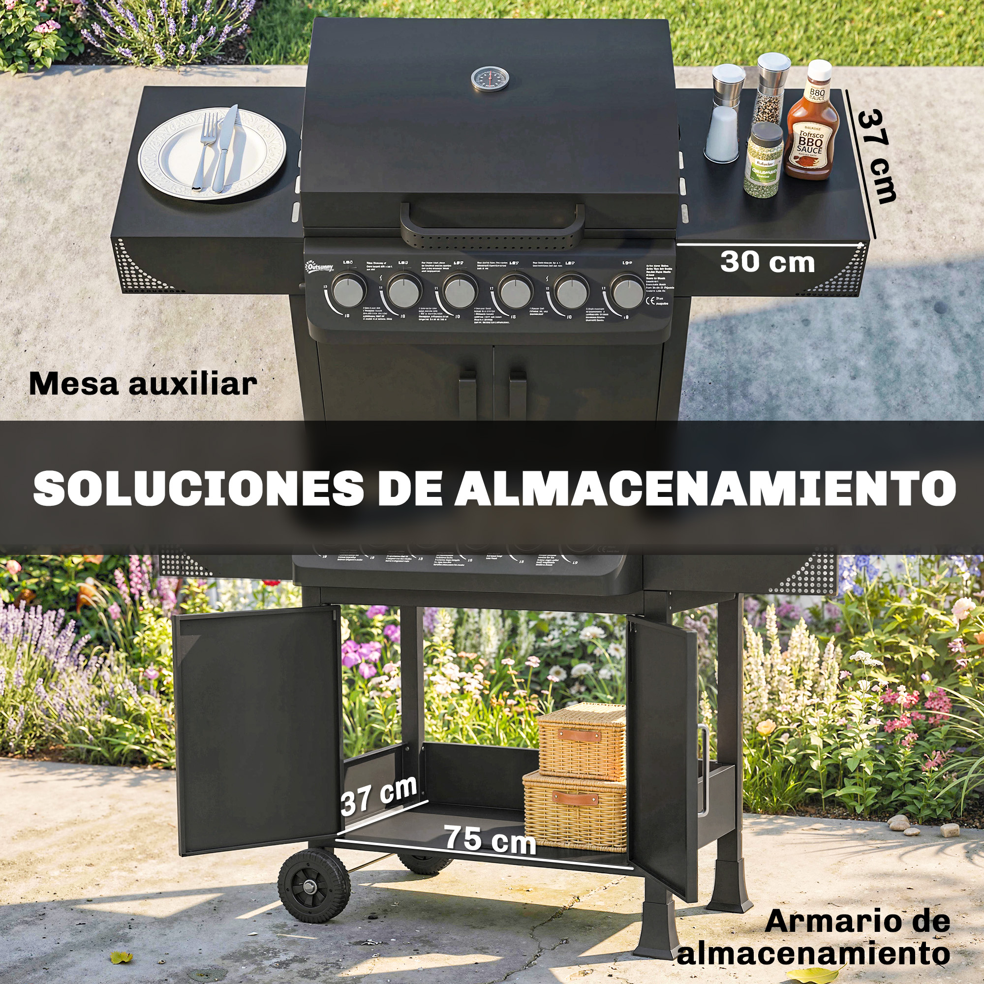 Parrilla negra con mesas auxiliares y almacenamiento, rodeada de flores y césped.