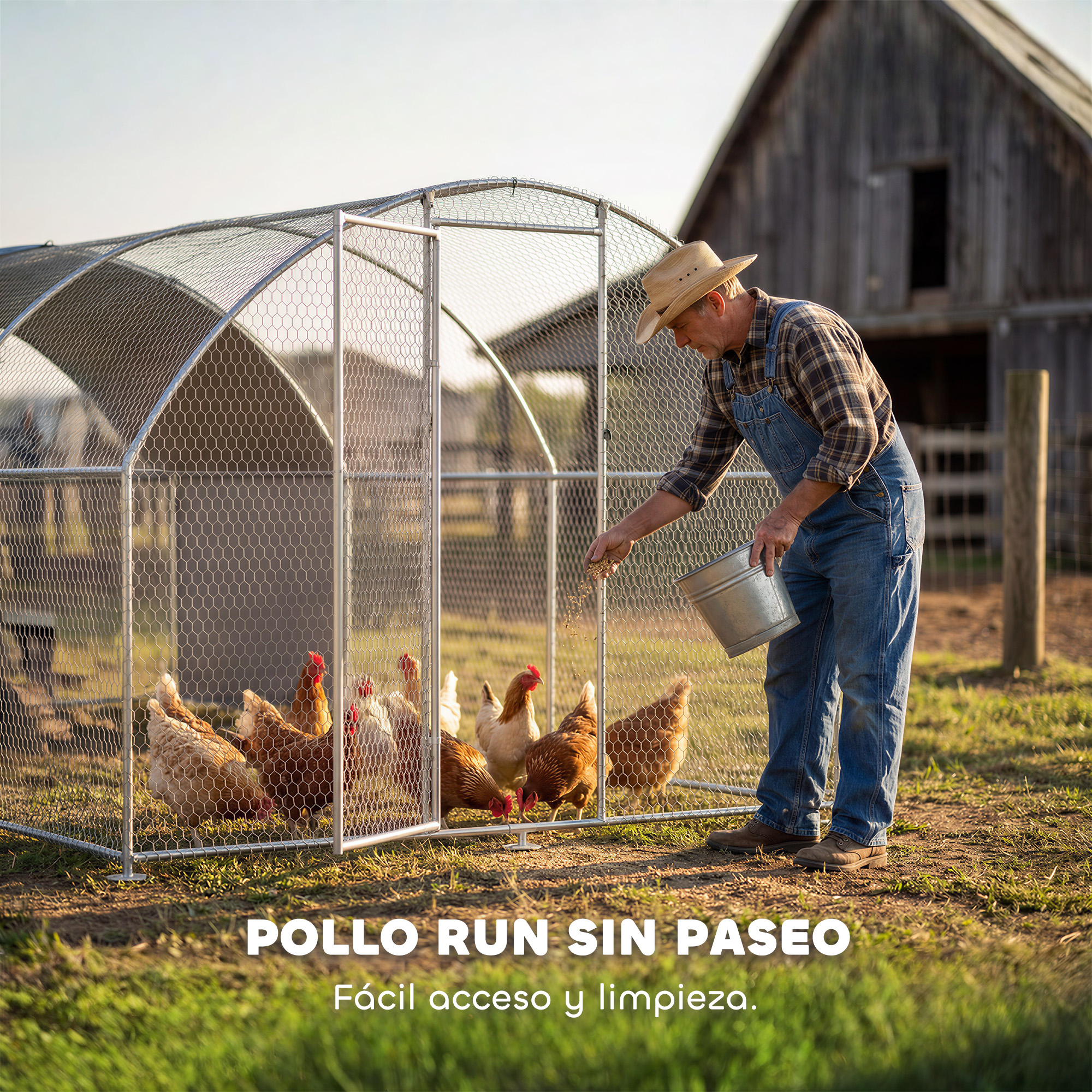 Un hombre con overol alimenta pollos en un corral frente a un granero.