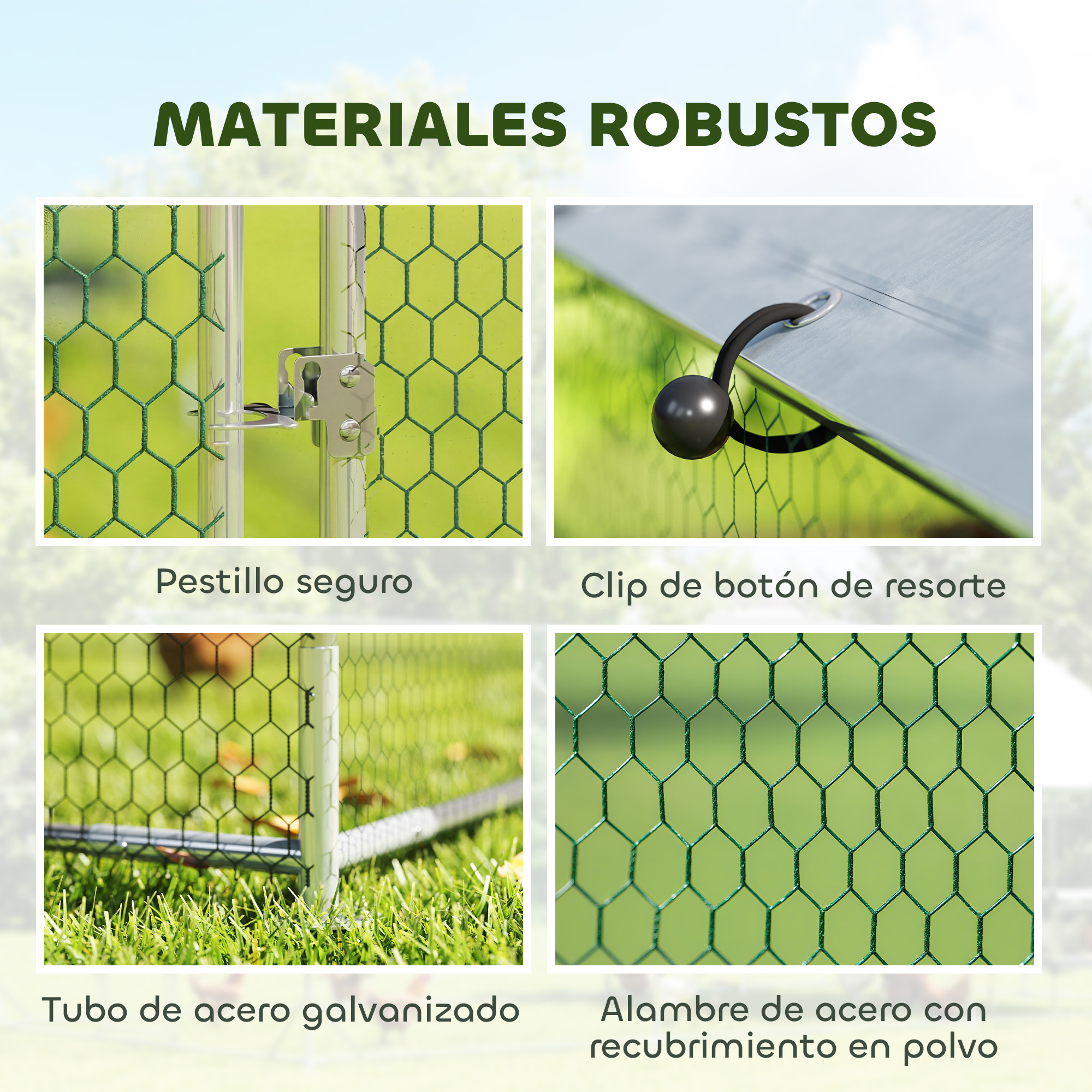 Cuatro primeros planos de materiales robustos: un pestillo, un clip, un tubo y alambre.