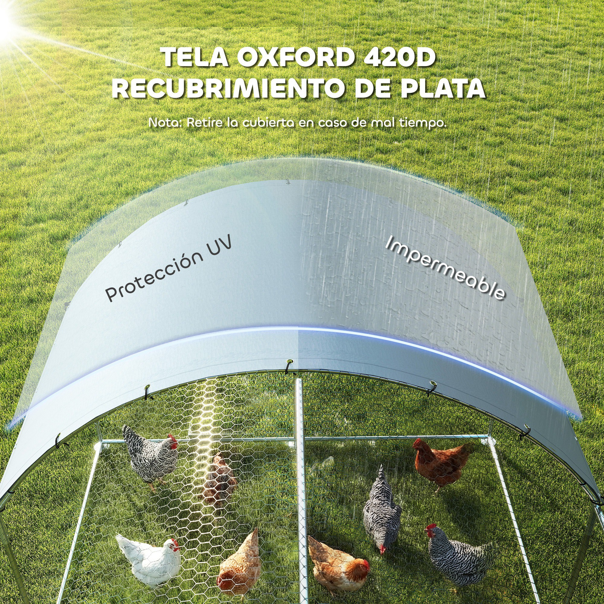 Gallinas en un corral bajo una carpa con letreros de "Protección UV" e "Impermeable".