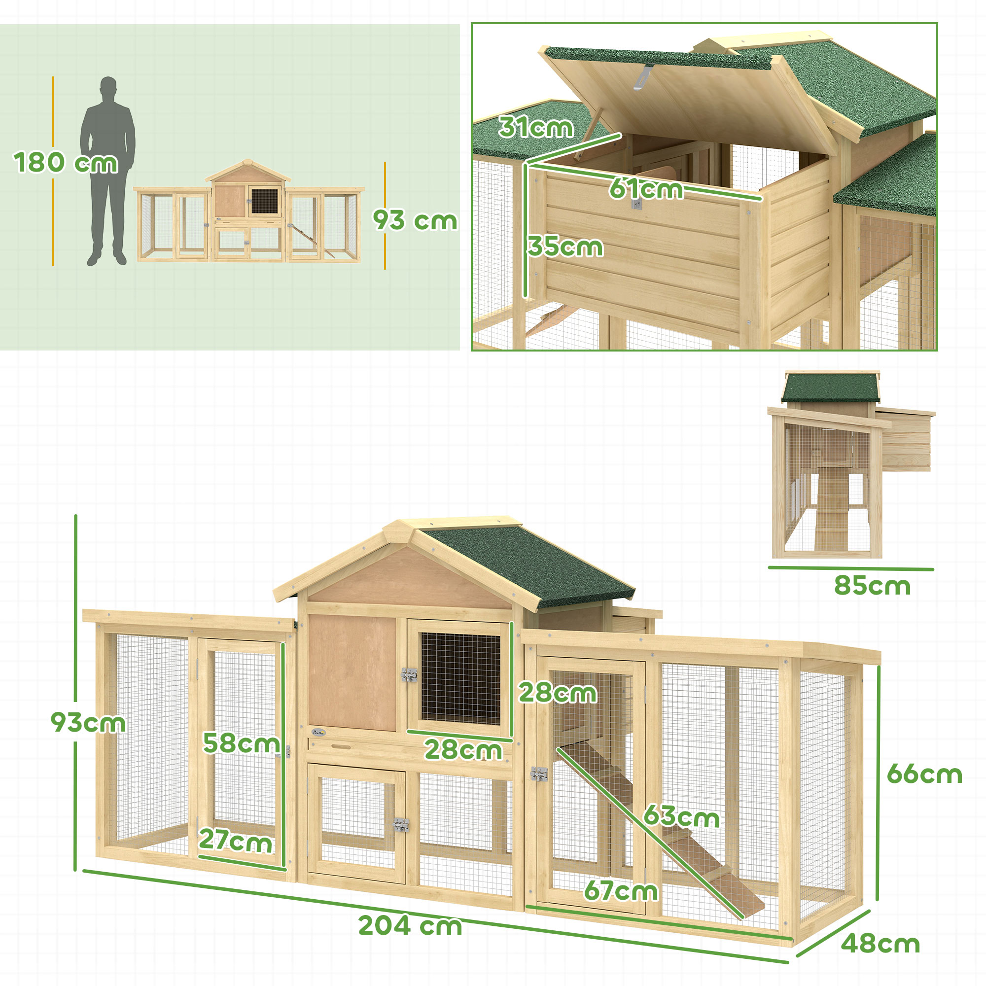 Conejera de madera de varios niveles con malla y rampas. Se muestran las dimensiones.