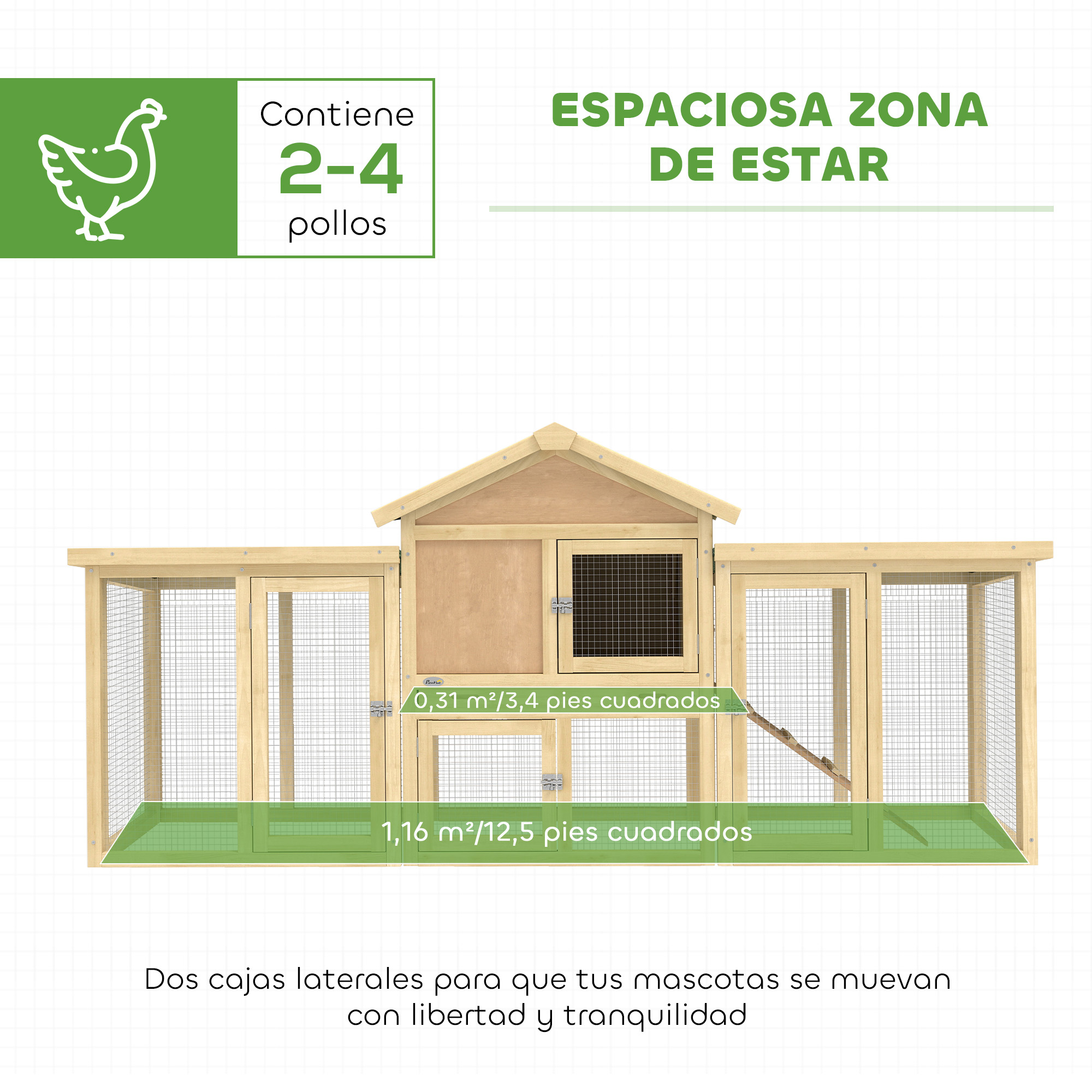Un gallinero de madera con dos recintos laterales y área de estar.