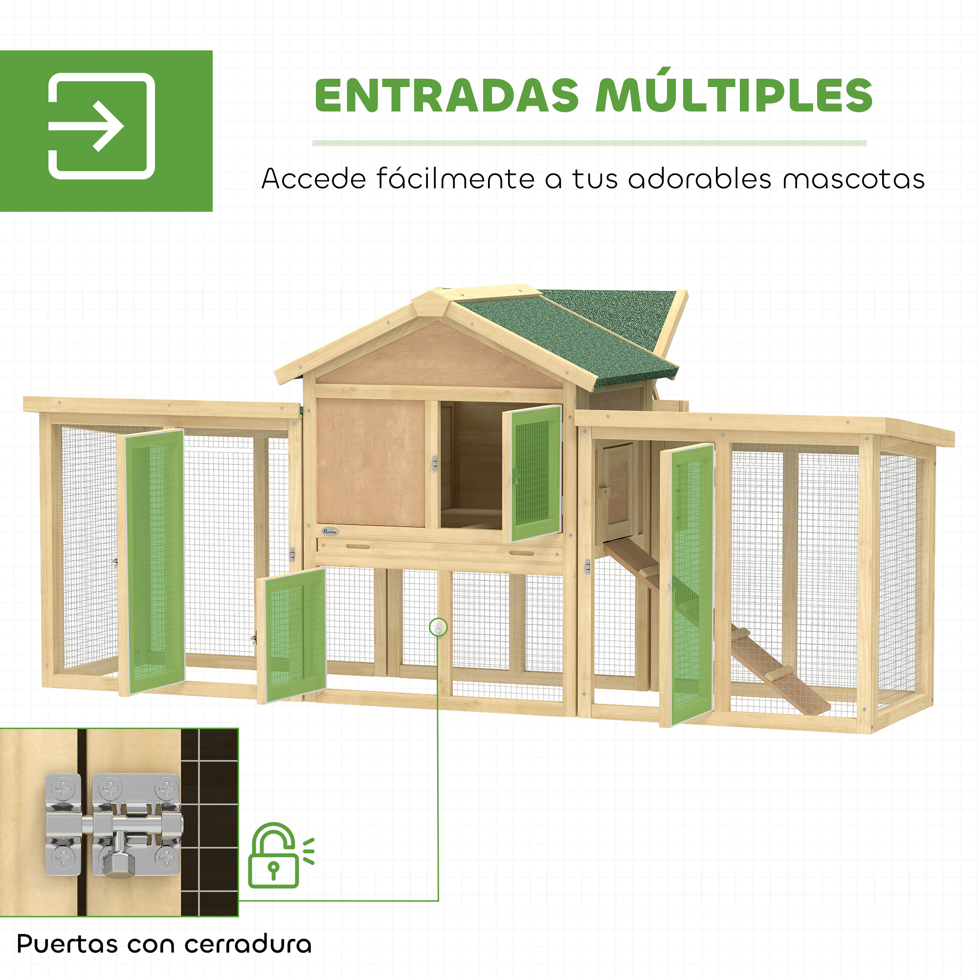Un gallinero de madera con múltiples entradas y puertas verdes.