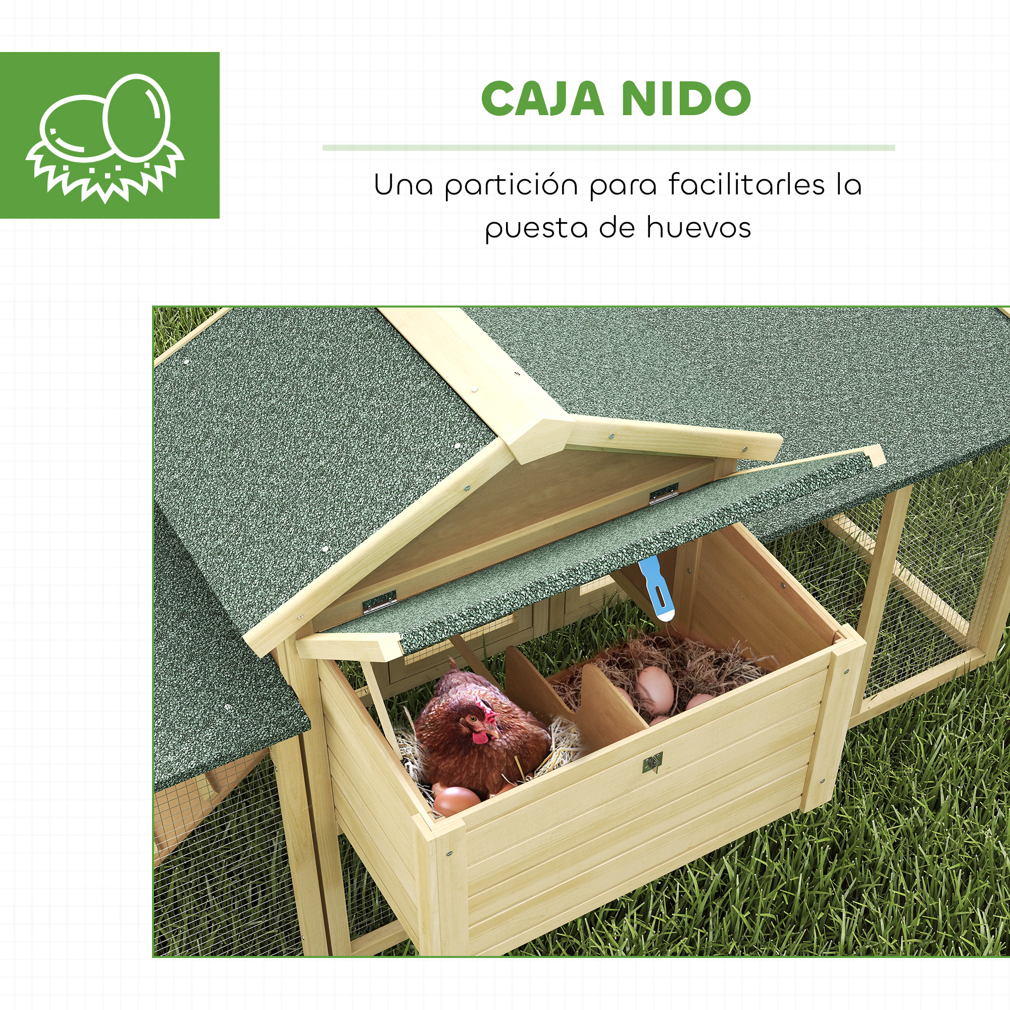 Un gallinero de madera con techo verde y tres nidos, uno con una gallina.