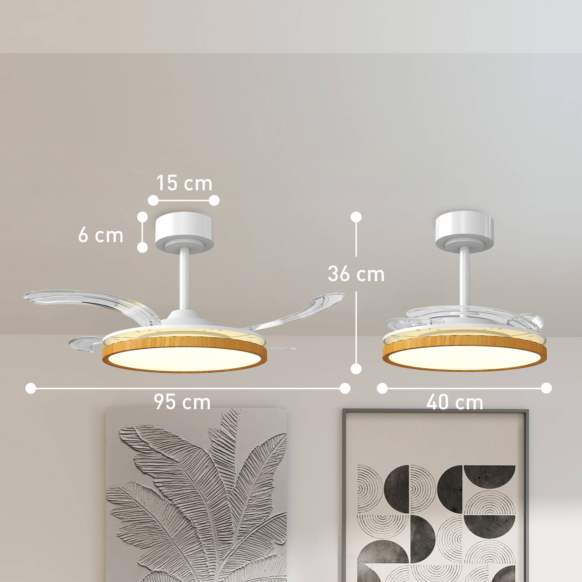 Dos ventiladores de techo blancos con adornos de madera y luces, con dimensiones.