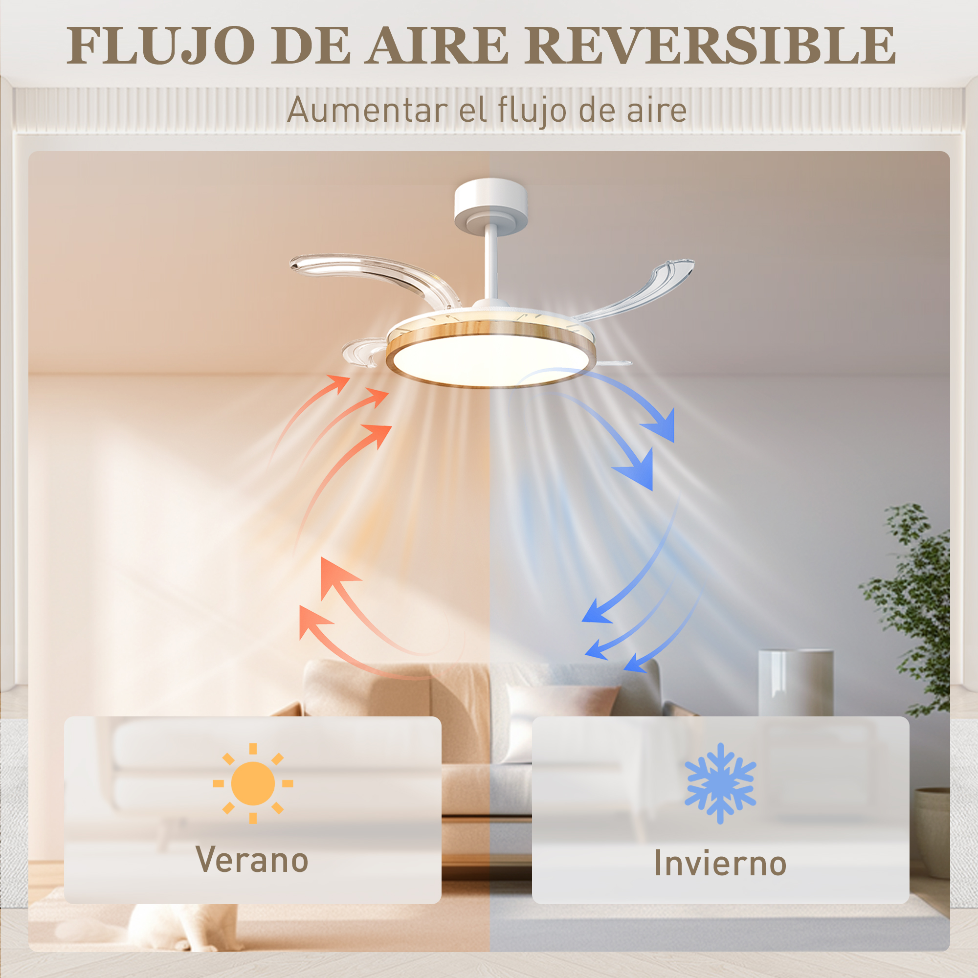Ventilador de techo con luz, mostrando flechas de circulación de aire cálido y frío.