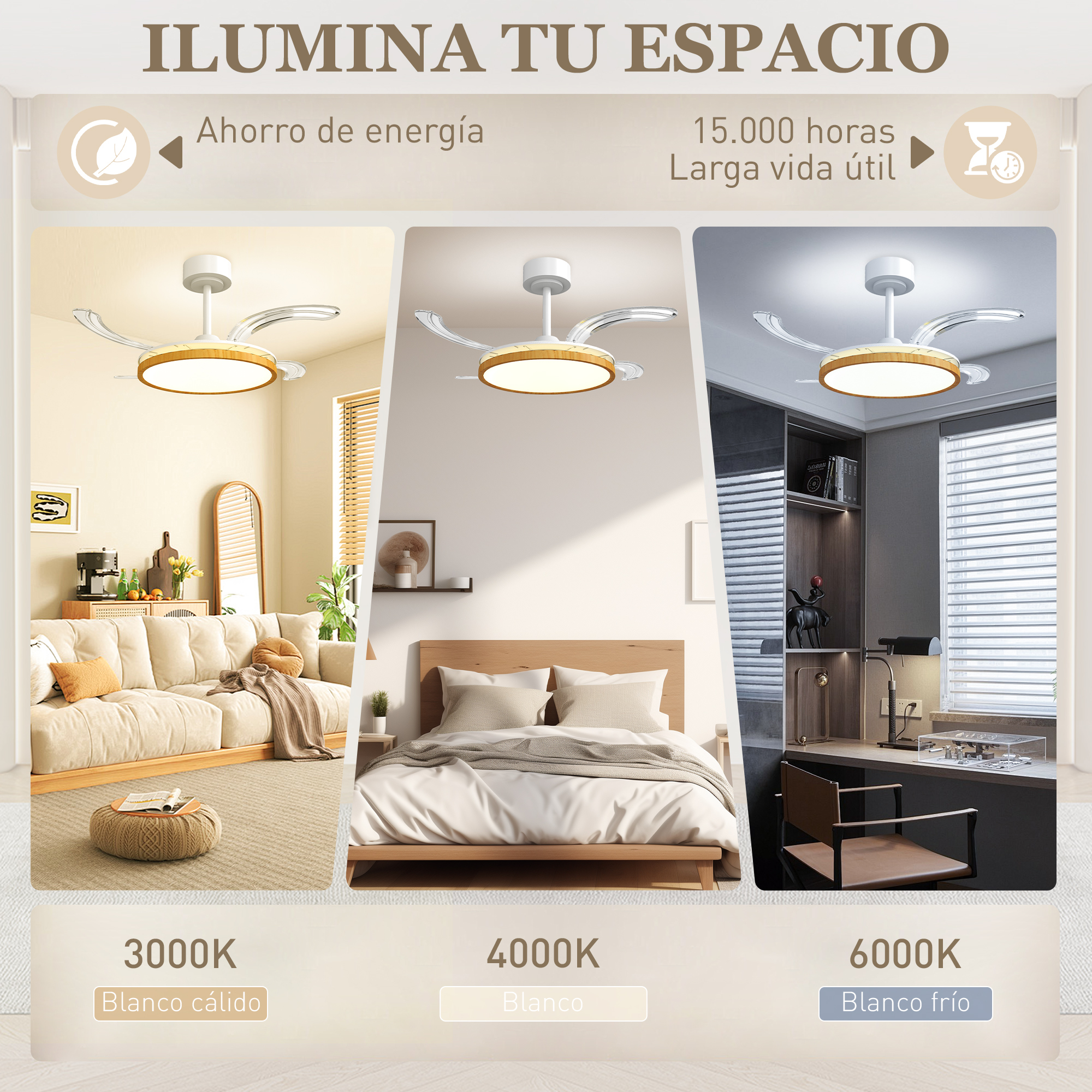 Ventilador de techo con luz en tres temperaturas de color: blanco cálido, blanco, frío.