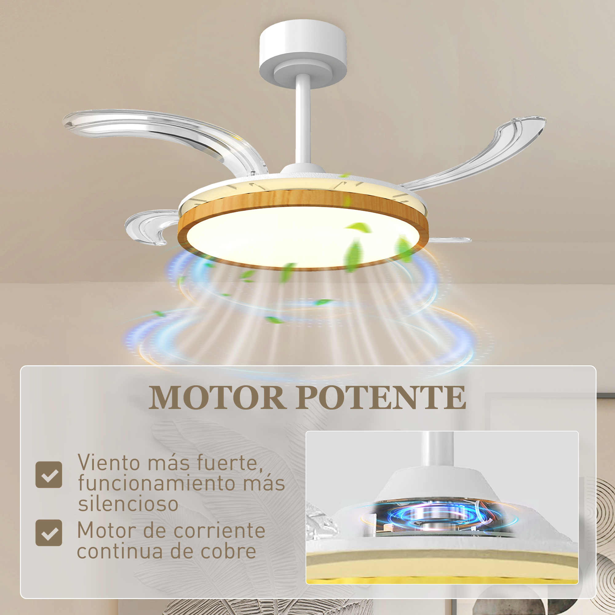Ventilador de techo con marco de madera y luz LED, mostrando flujo de aire.