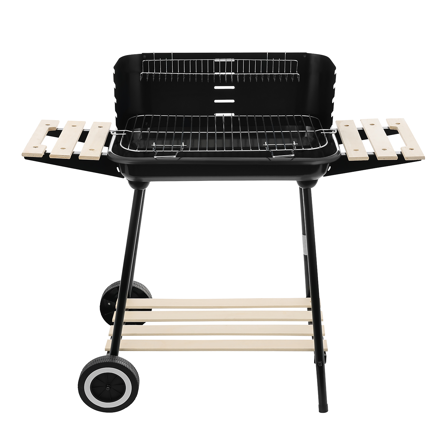 Czarny grill węglowy z drewnianymi półkami bocznymi i kołami.
