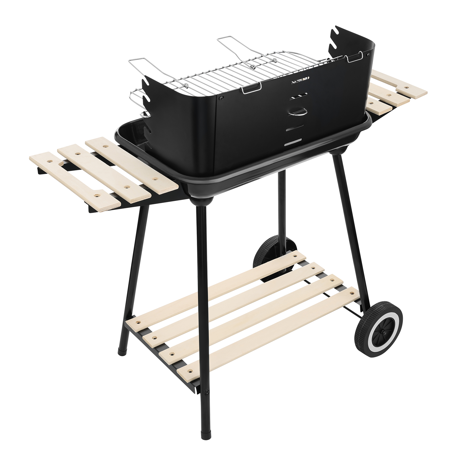 Czarny wózek grillowy z drewnianymi półkami i kołami.