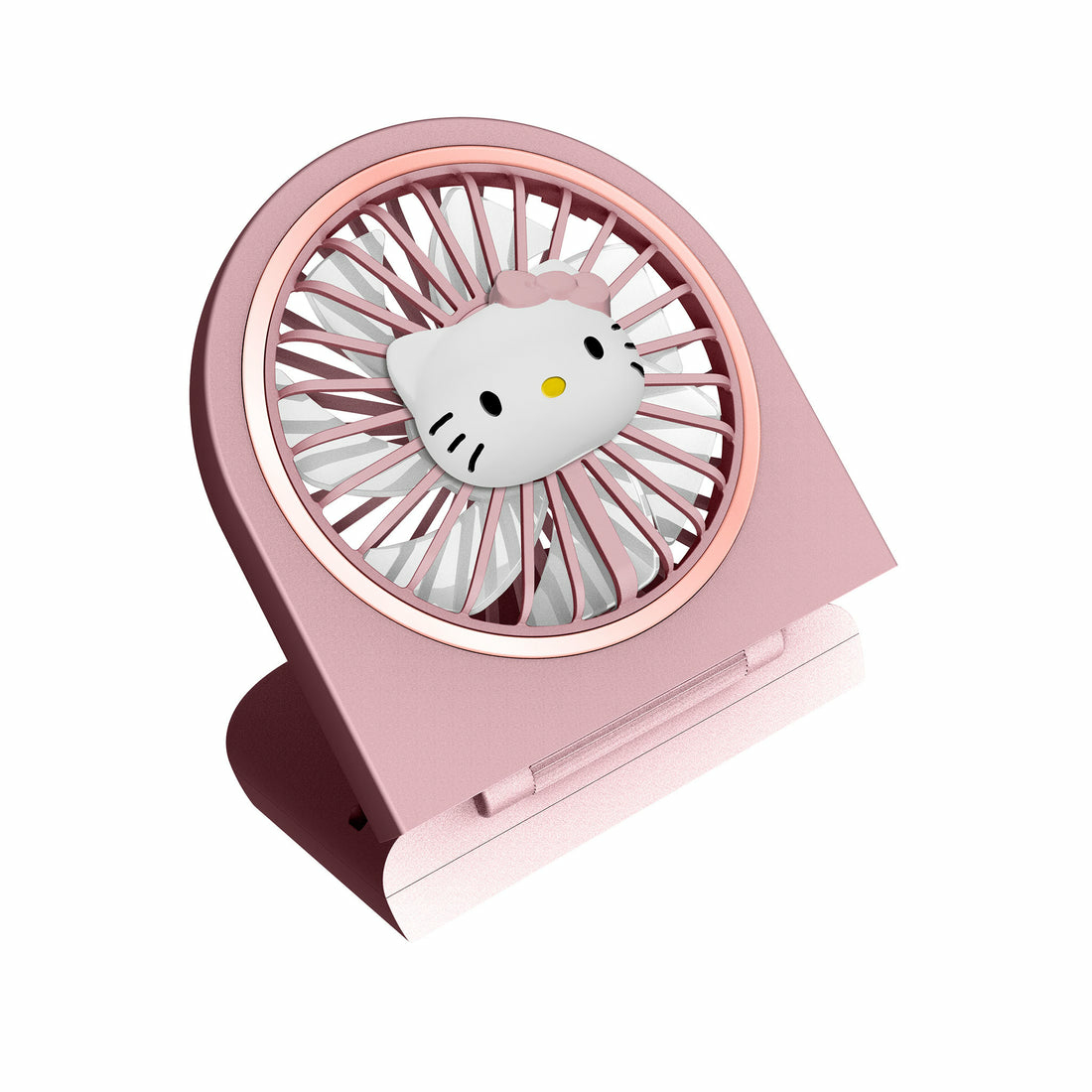 Un ventilador rosa de Hello Kitty con borde oro rosa, sobre fondo blanco.