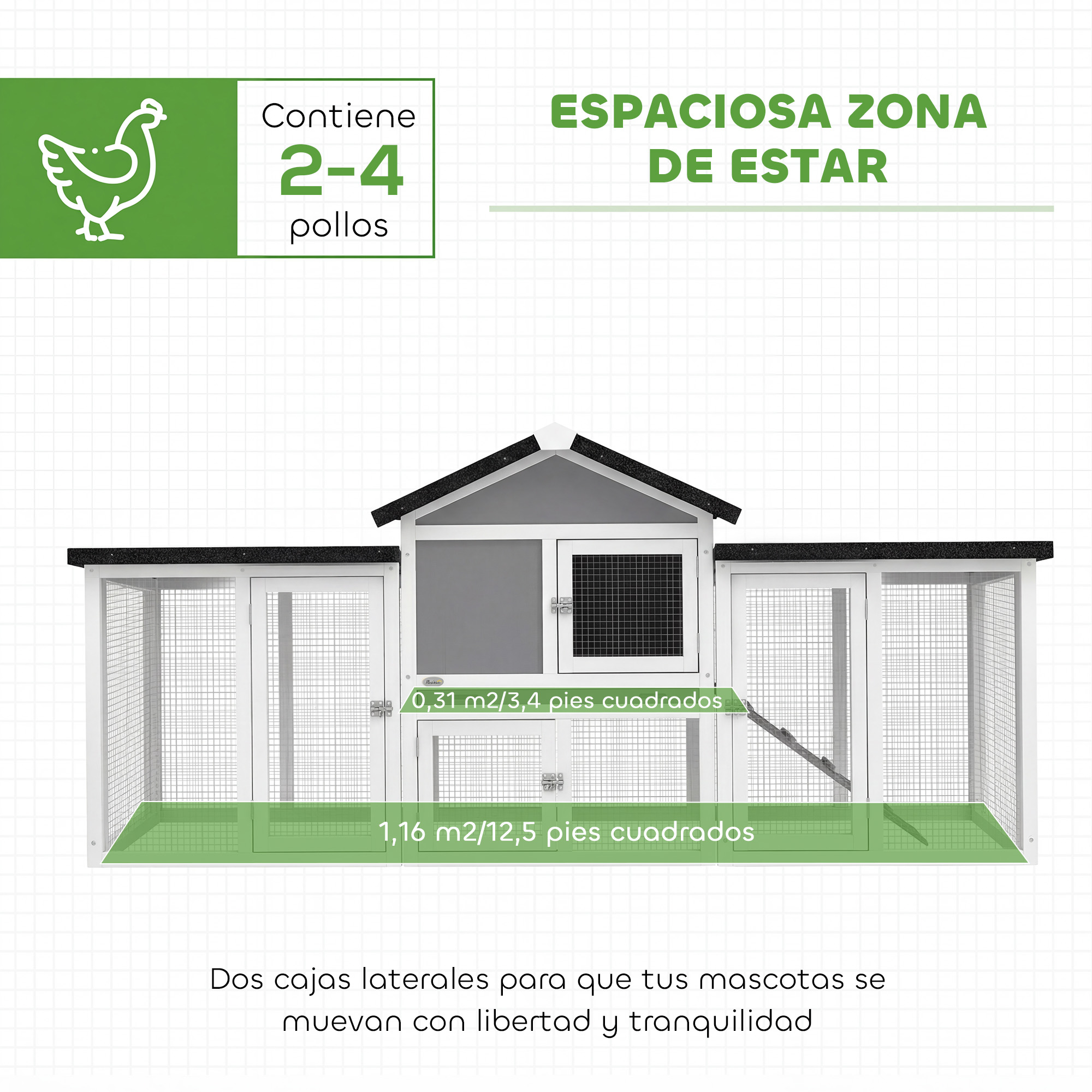 Una pajarera blanca con dos recintos laterales y una zona de estar central.