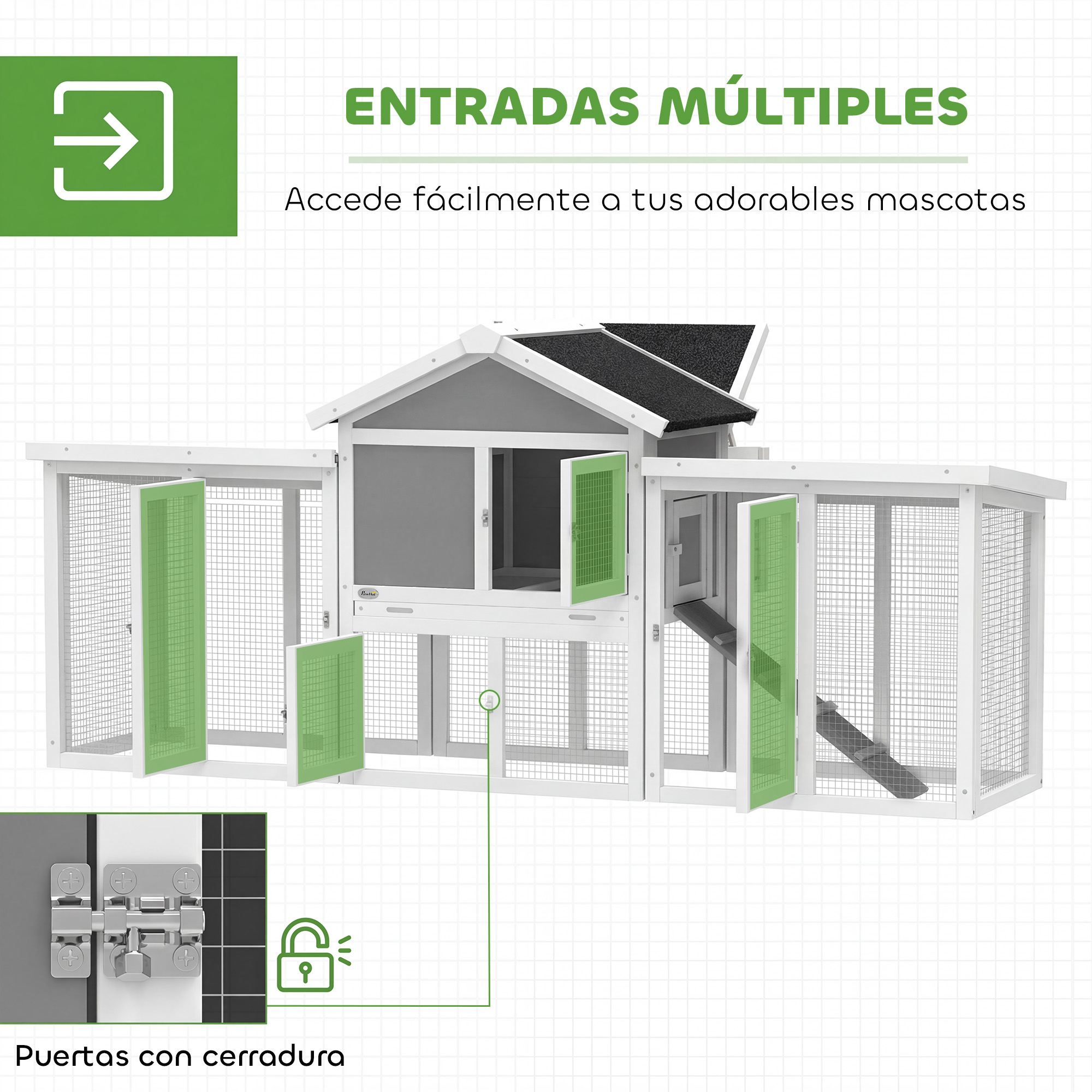 Un gallinero blanco con múltiples puertas verdes y un icono de entrada.