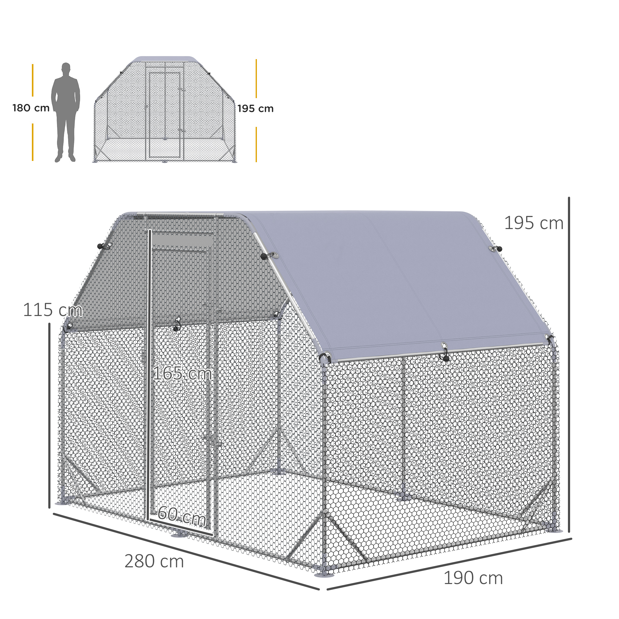 Un corral grande y rectangular para pollos con techo gris y malla.