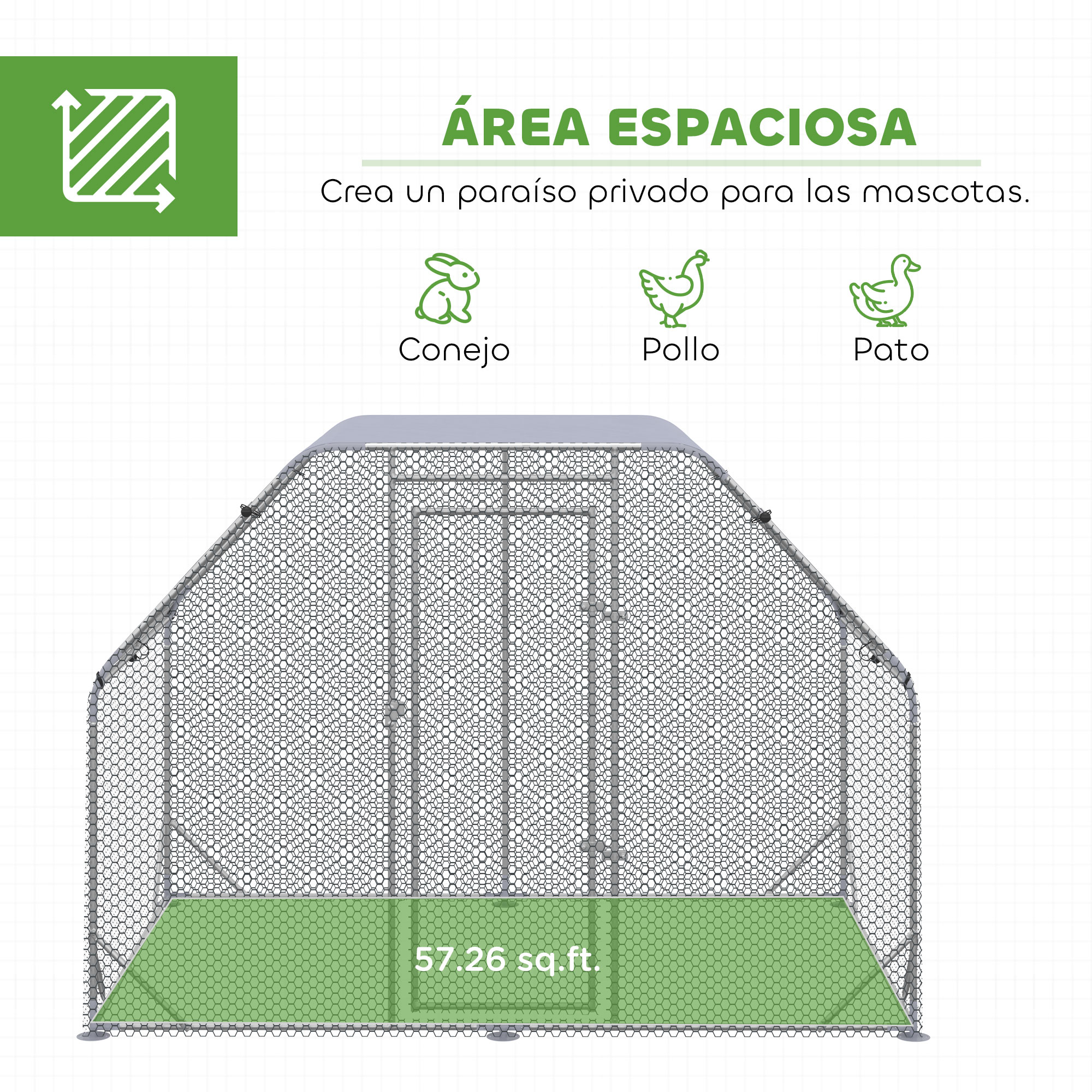 Un recinto grande para mascotas con puerta y suelo verde, 57.26 pies cuadrados.