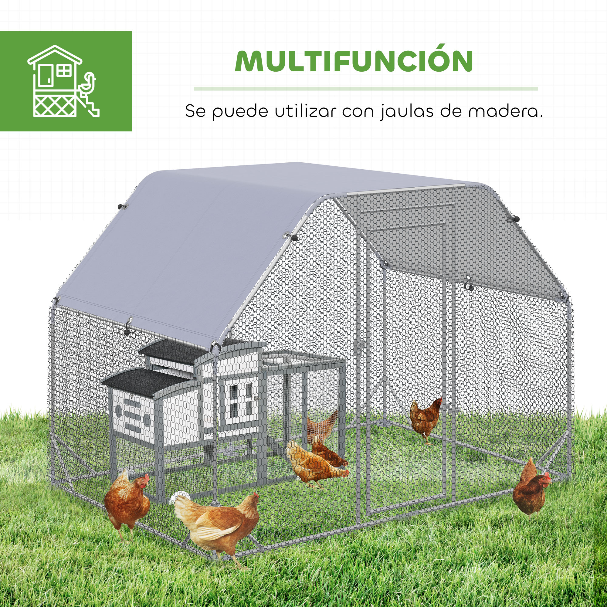 Un gallinero con techo y cuatro pollos sobre césped verde.