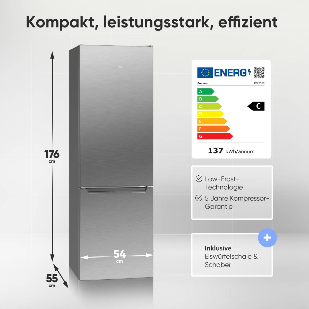Ein silberner Kühlschrank mit Energieeffizienzlabel C, Maßen 176x54x55 cm.
