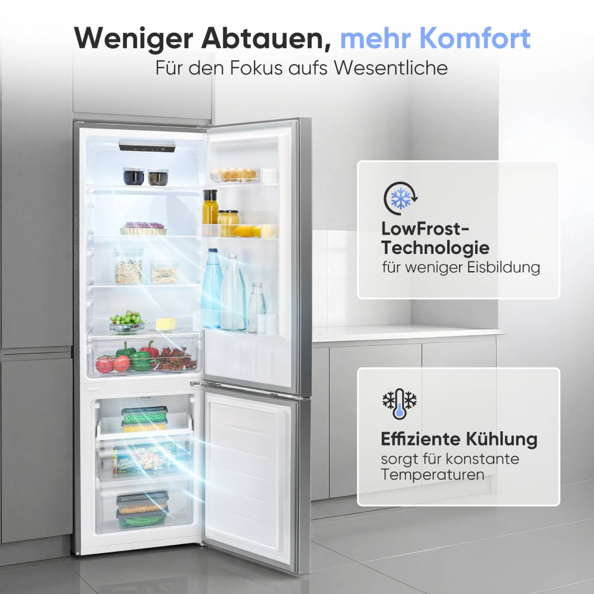 Offener Kühlschrank mit Lebensmitteln, LowFrost-Technologie und effizienter Kühlung.