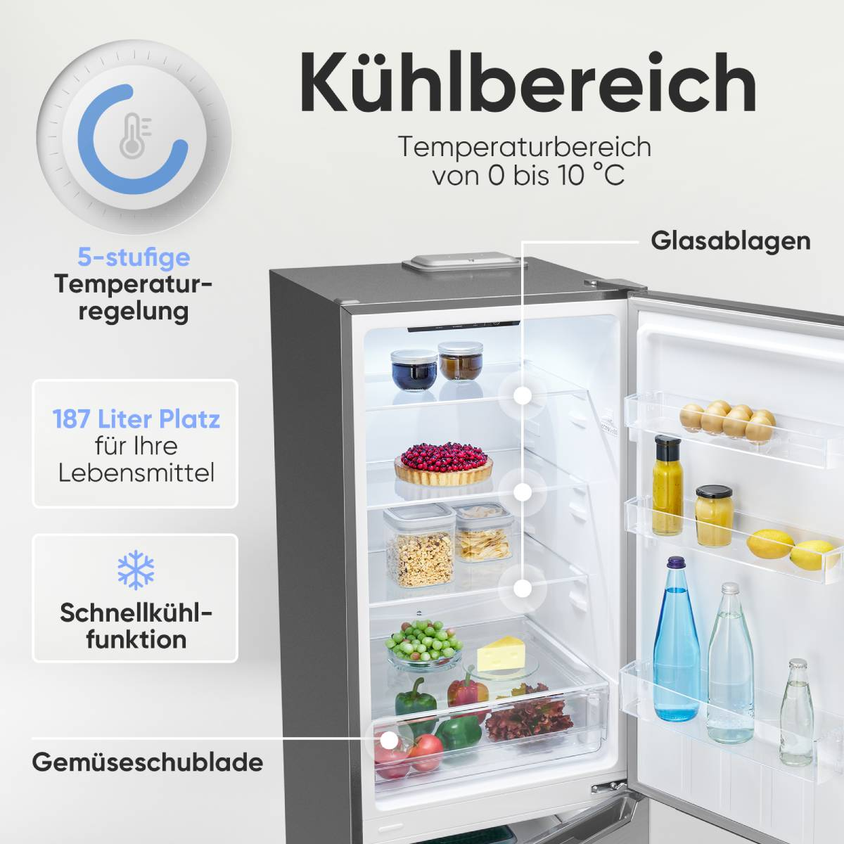 Offener Kühlschrank mit Lebensmitteln und Bedienelementen.