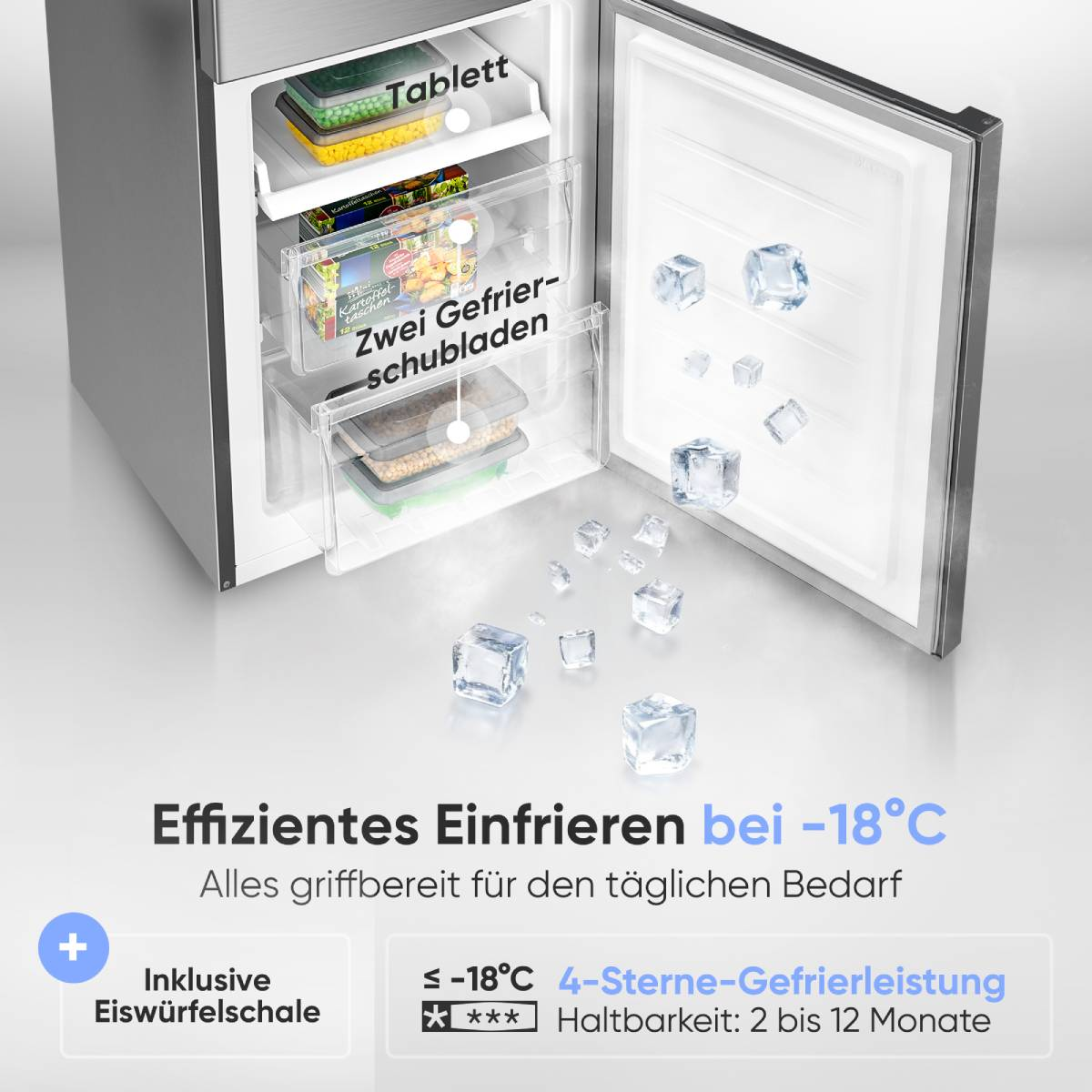 Gefrierschrank mit offenen Türen, Eiswürfeln, Schubladen und Text.