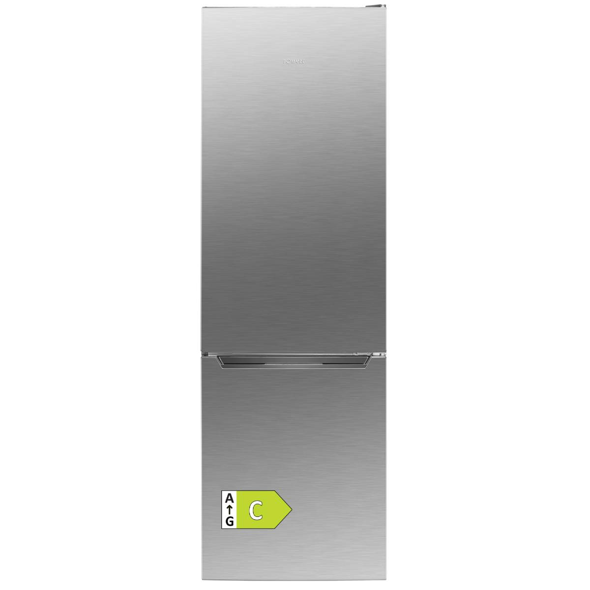 Ein silberner Kühlschrank mit Gefrierfach und Energieeffizienzlabel C.