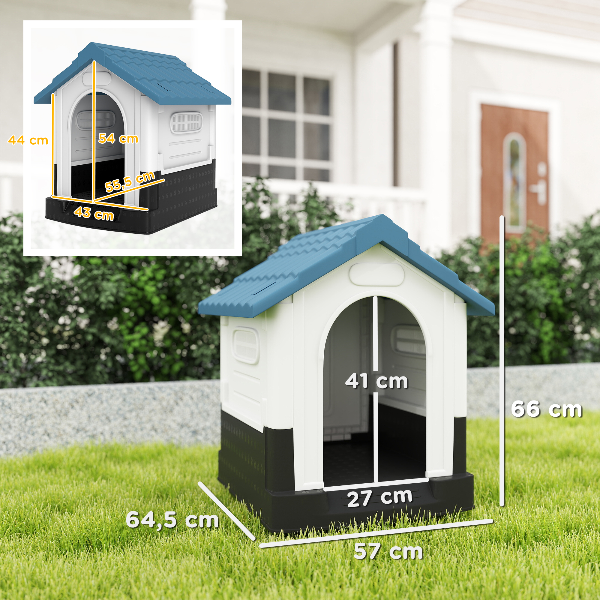 Una casa para perros blanca y azul con dimensiones sobre césped verde frente a una casa.