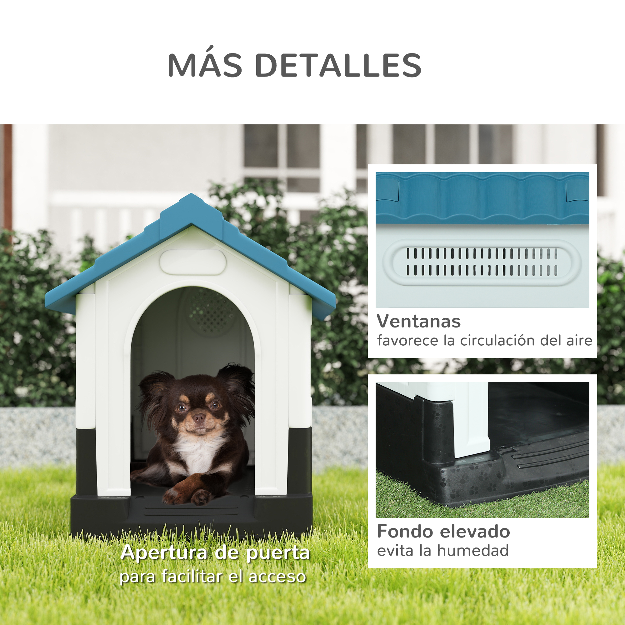 Un perro pequeño se sienta en una caseta de perro blanca y azul sobre césped.