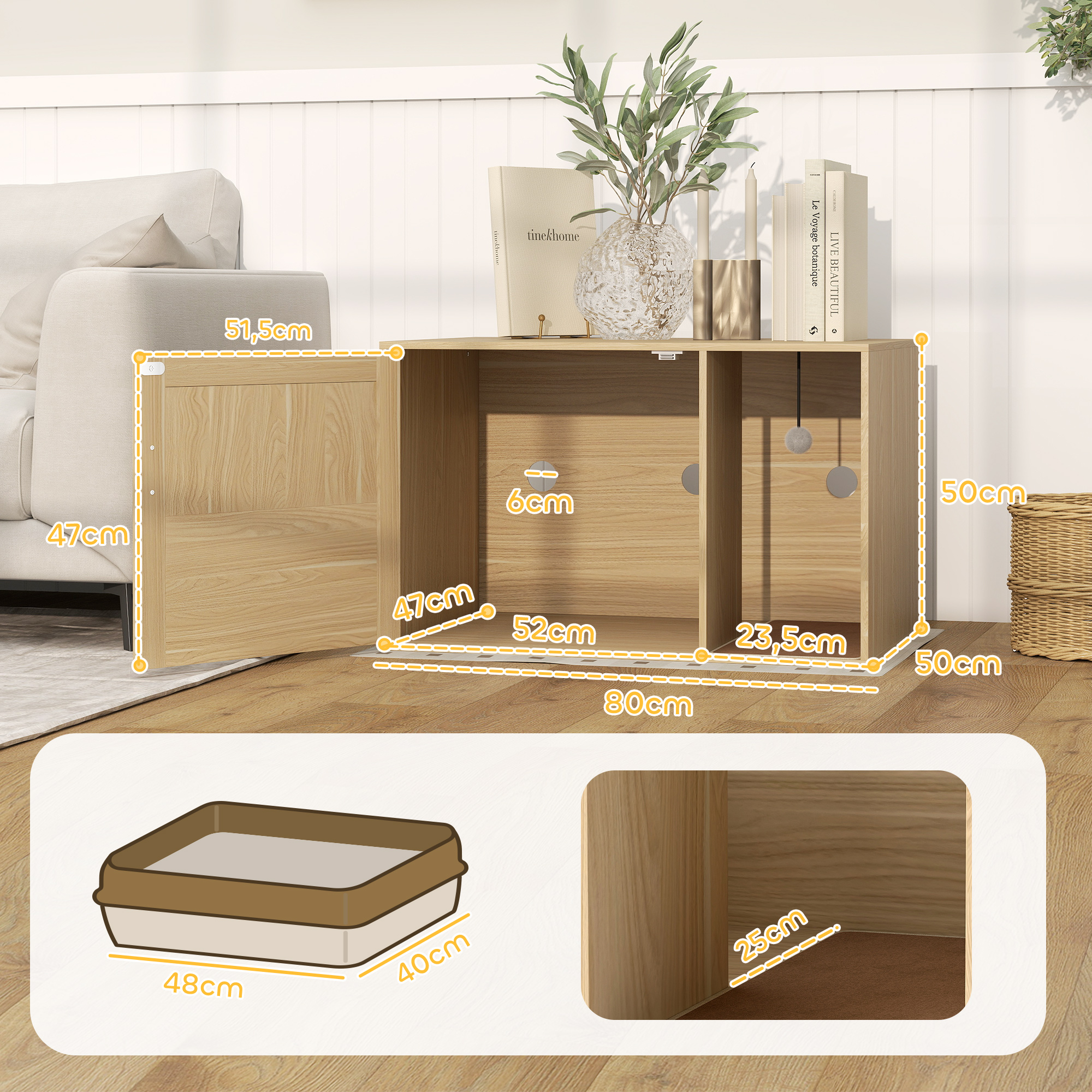 Gabinete de madera con puerta abierta, mostrando dimensiones. También se muestran una caja de arena y vista interior.