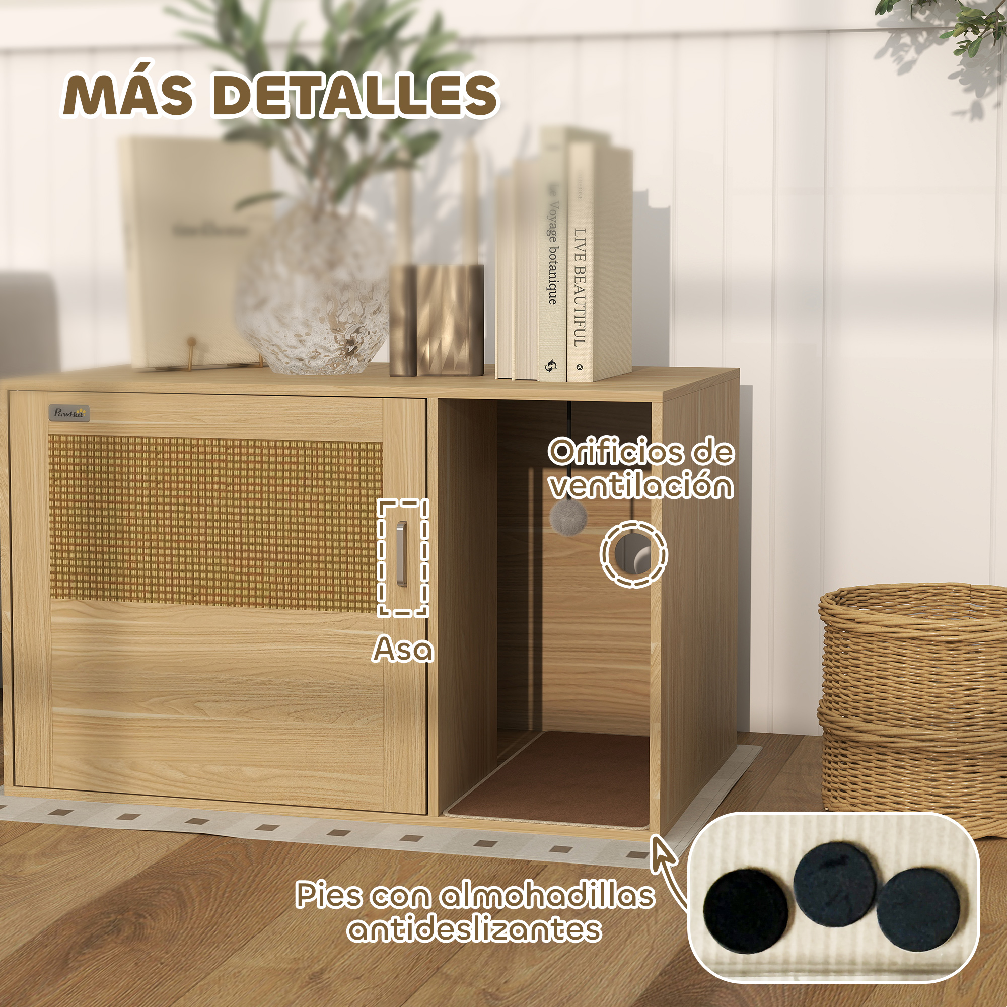 Mueble de madera con orificios de ventilación y asa. Una cesta en el suelo.