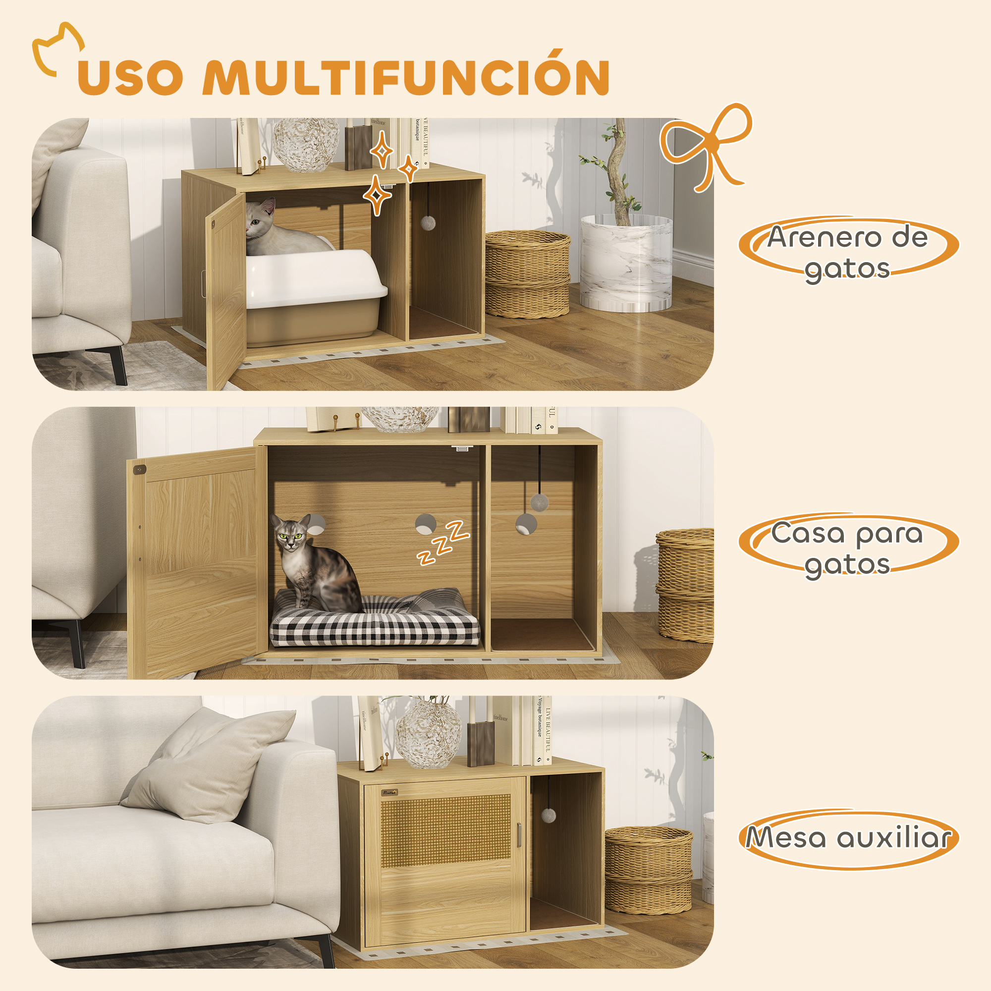 Un mueble multifuncional para gatos: arenero, casa para dormir y mesa auxiliar.