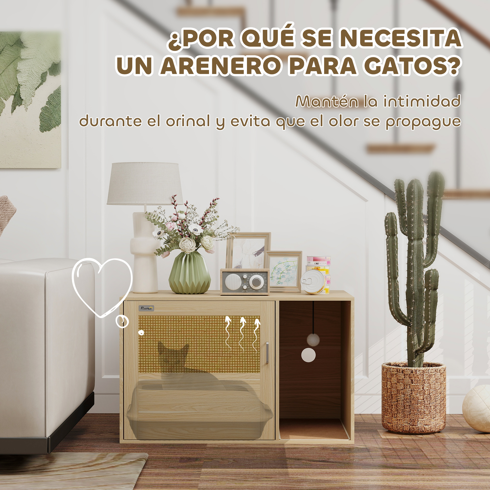 Mueble para arenero de gatos con flores, lámpara, radio y cactus.