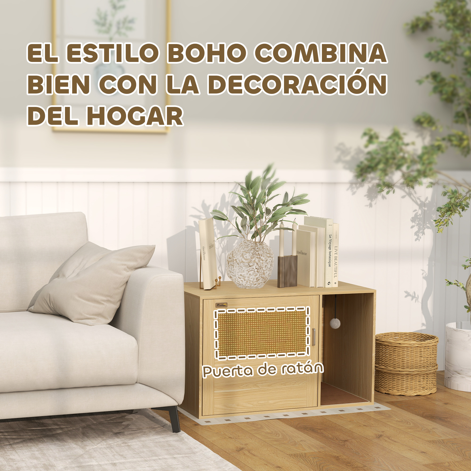 Un sofá beige, un mueble de madera con puerta de ratán y plantas en suelo de madera.