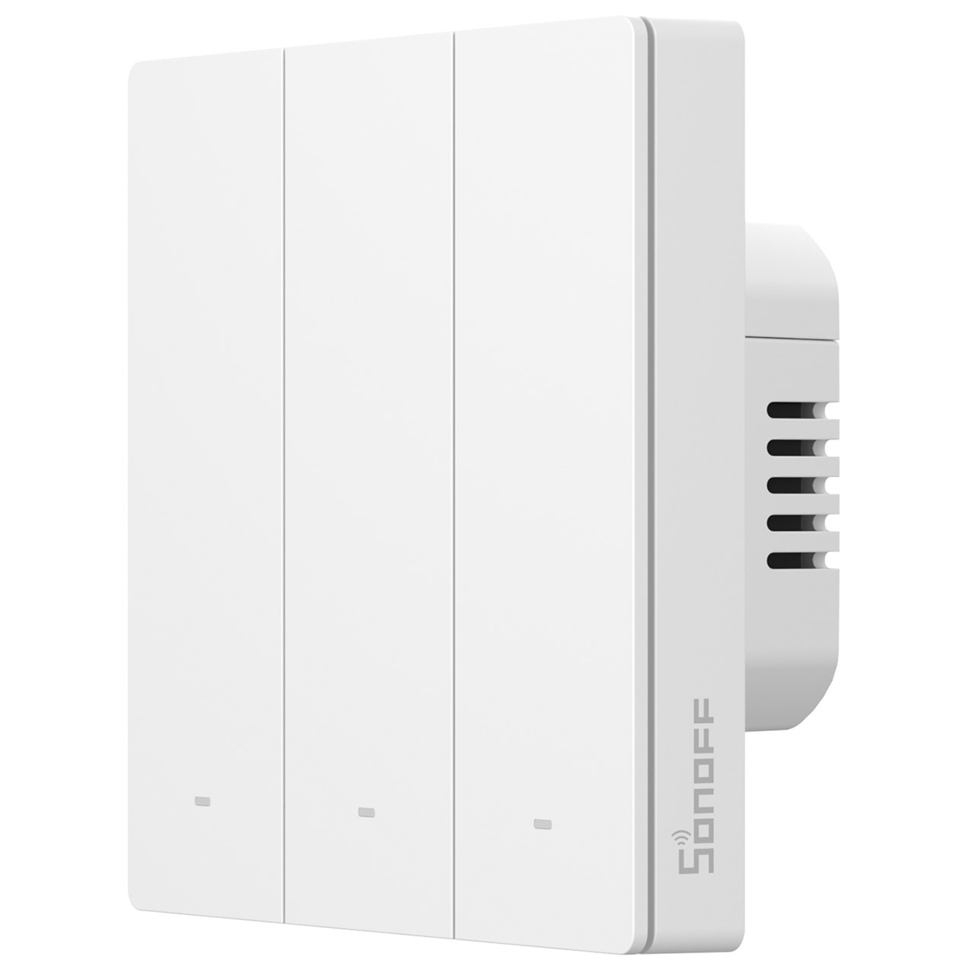 Biały włącznik ścienny z trzema przyciskami i kratką wentylacyjną.