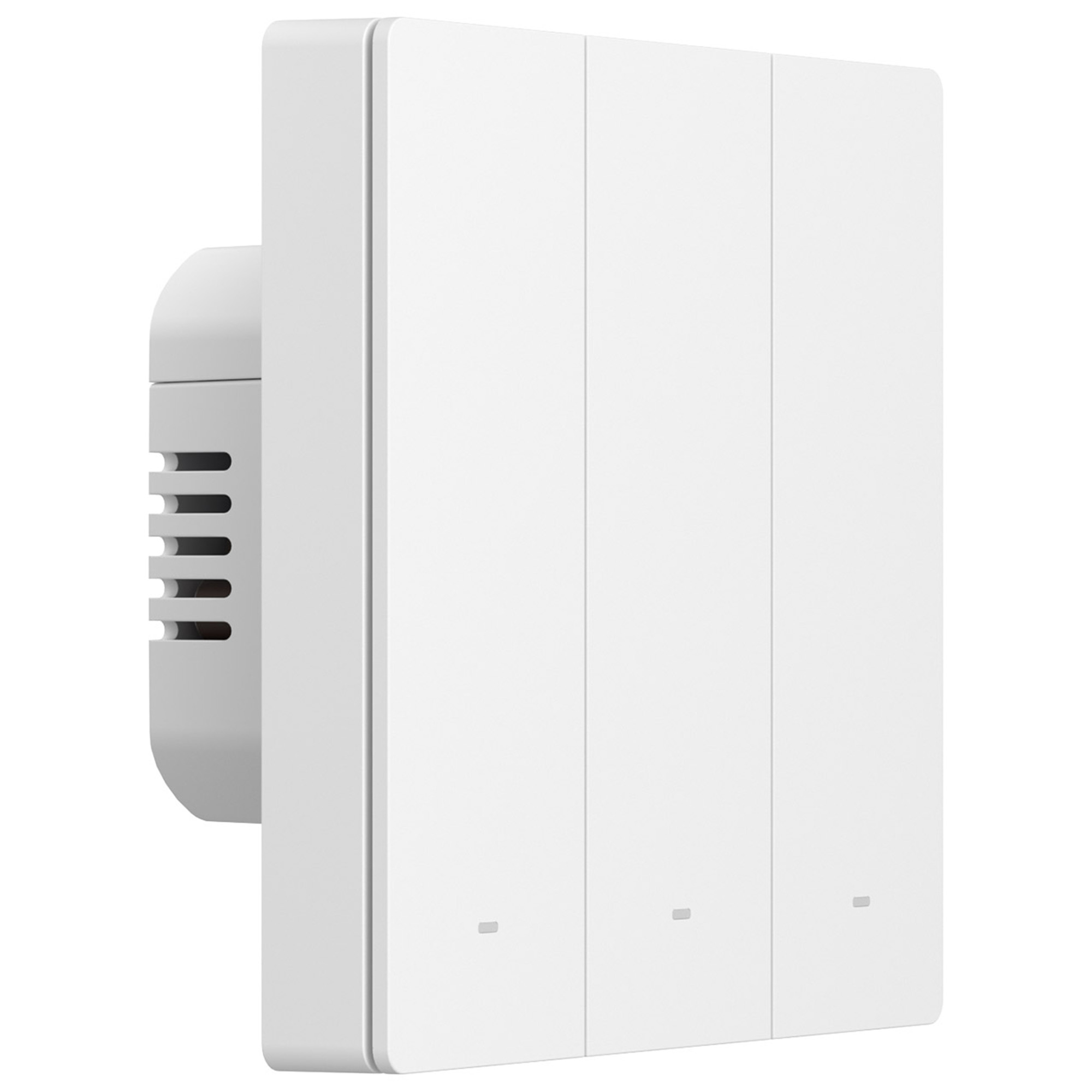 Biały włącznik ścienny z trzema przyciskami i otworami wentylacyjnymi z boku.
