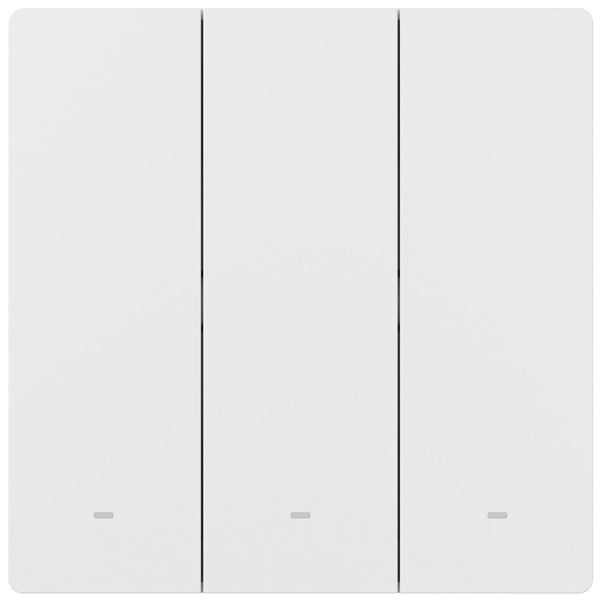 Trzy białe włączniki światła z małymi szarymi wskaźnikami obok siebie.