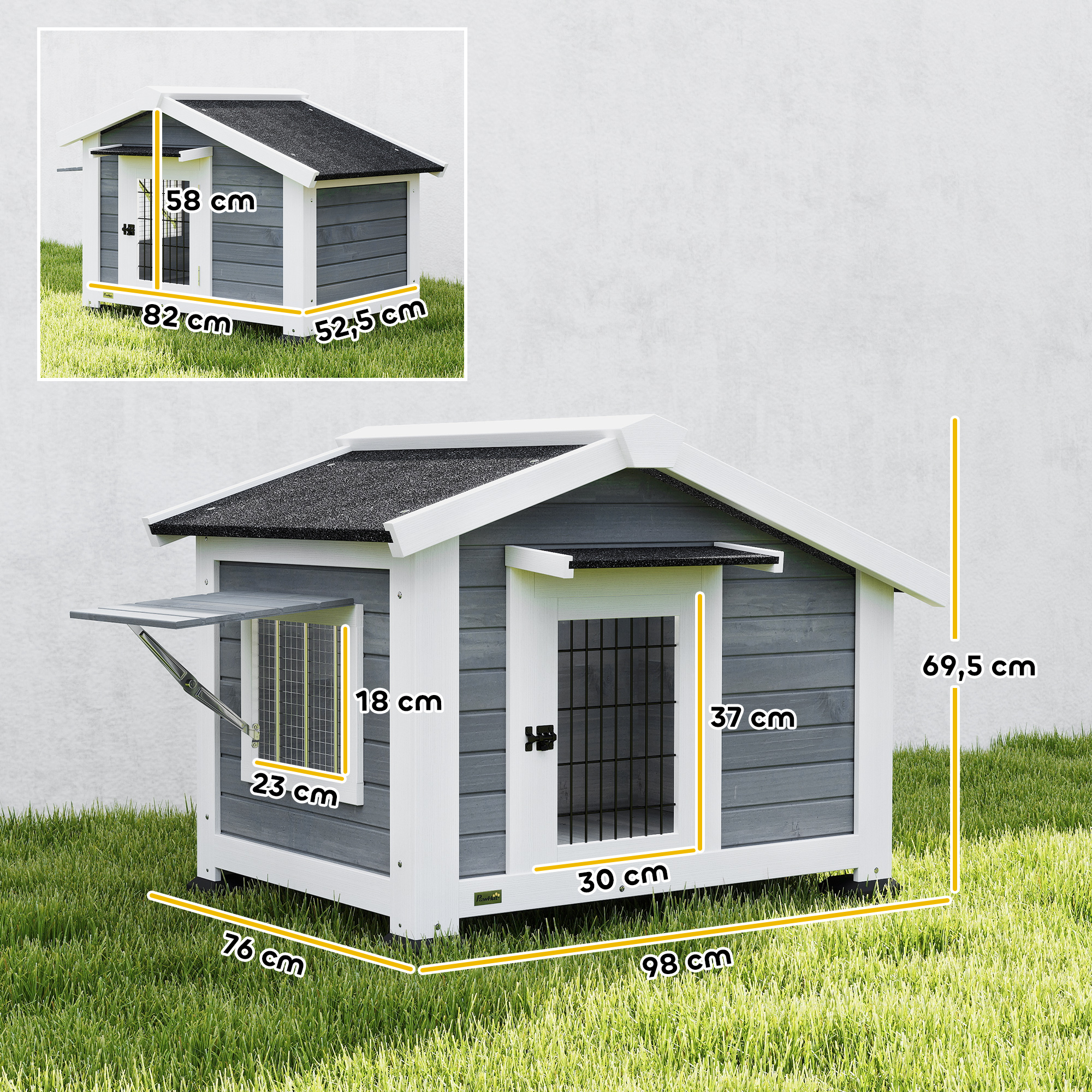 Una casa para perros gris y blanca con dimensiones, sobre césped frente a una pared.