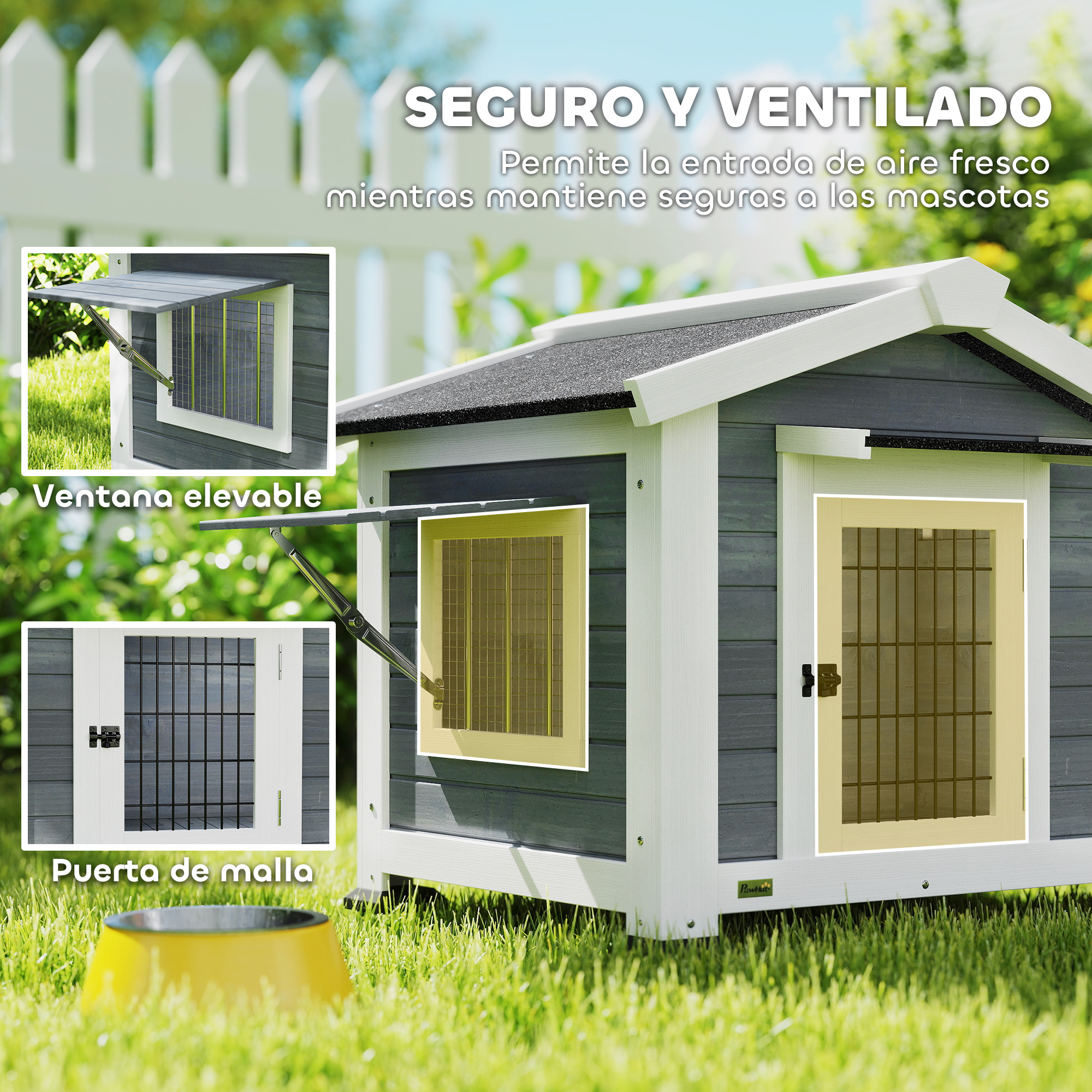 Casa segura y ventilada para mascotas con ventana abatible y puerta de malla.