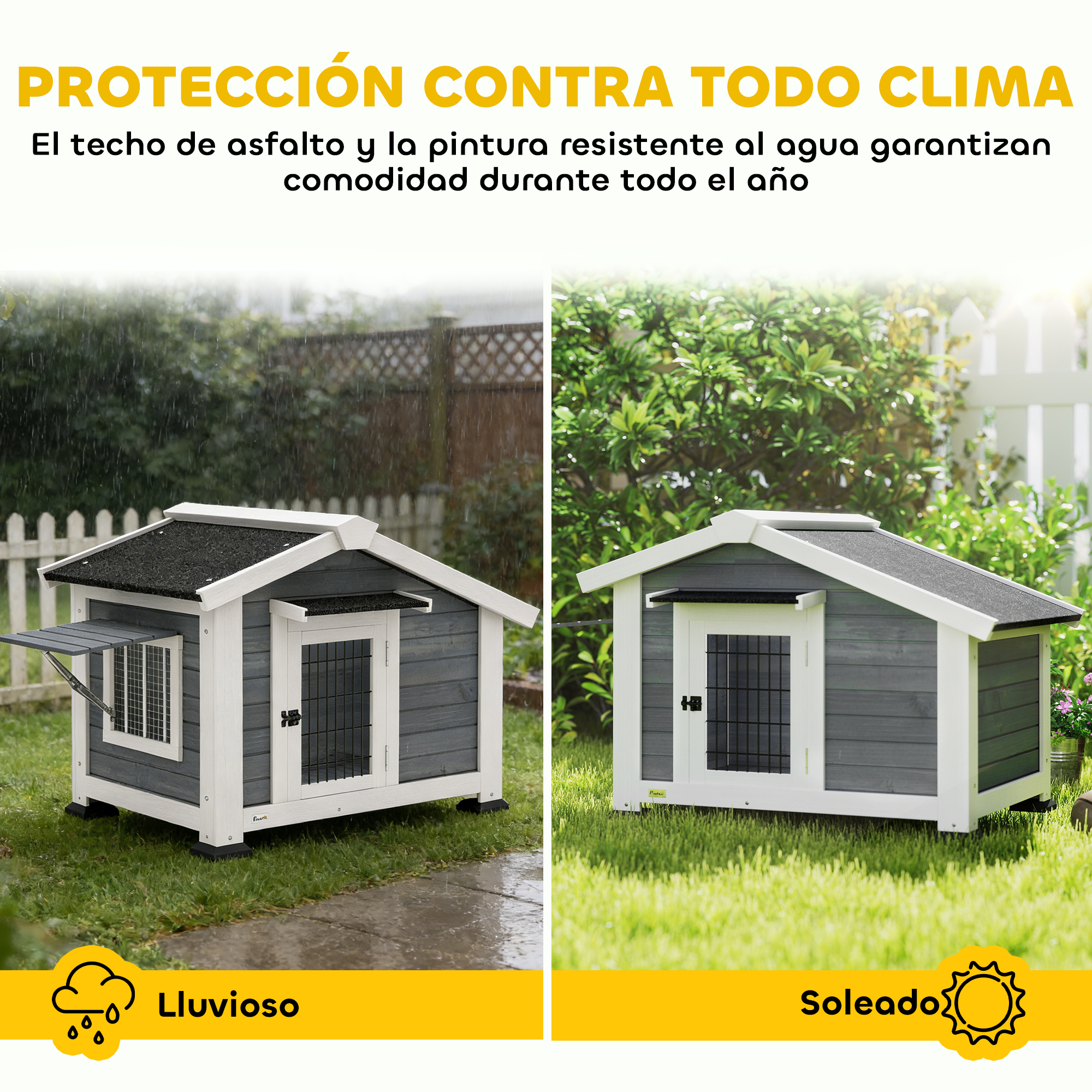 Dos vistas de una caseta para perros: una bajo la lluvia, otra al sol.