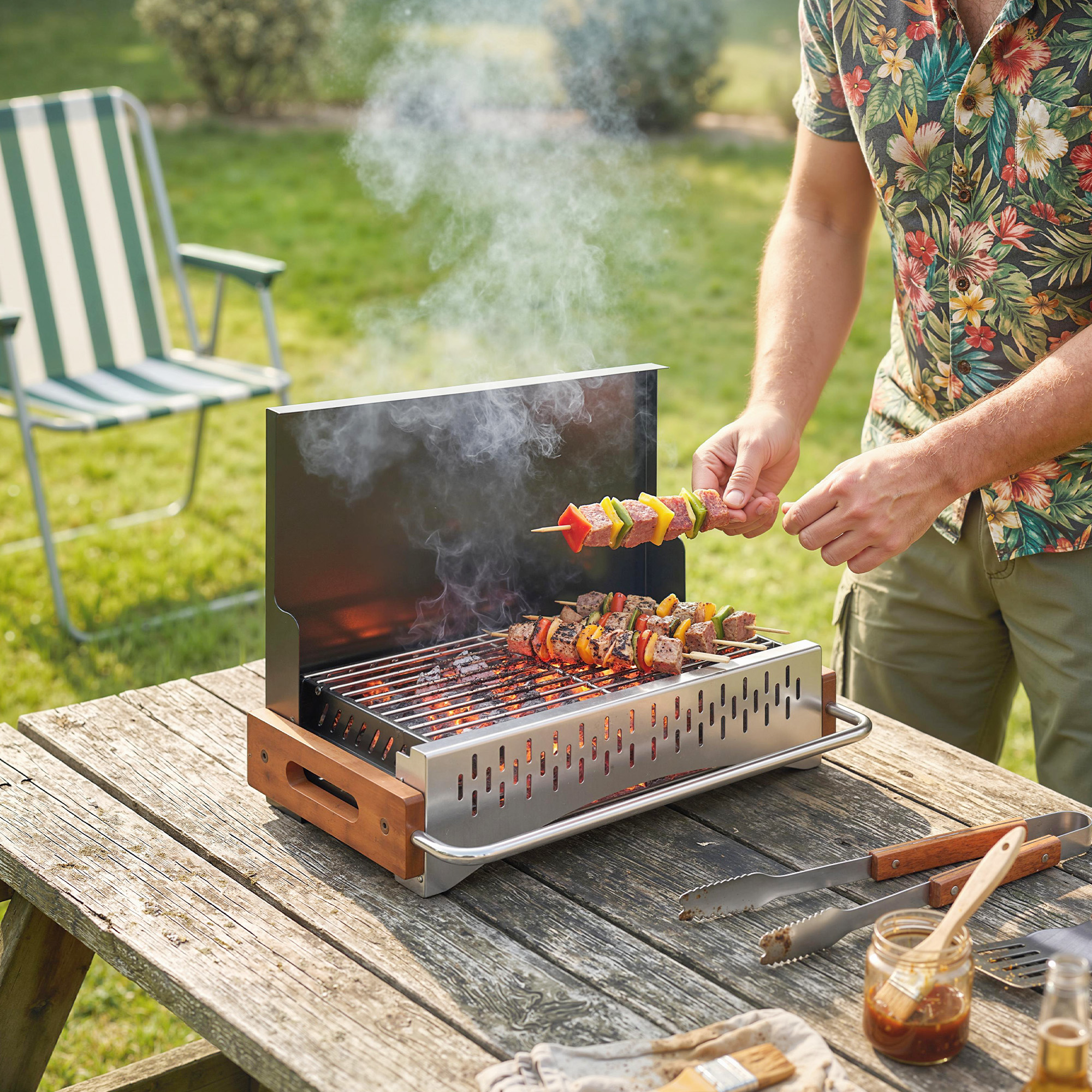 Un hombre asa brochetas en una parrilla pequeña al aire libre. El humo se eleva.