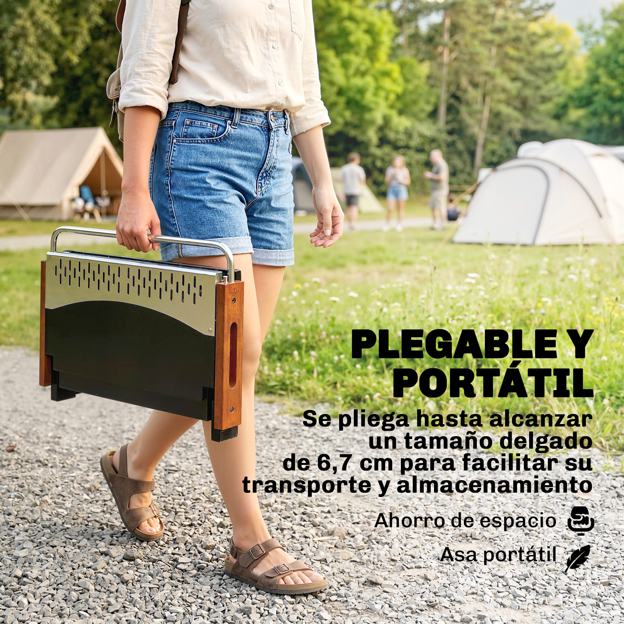 Mujer sujetando una parrilla portátil al aire libre, camping de fondo.
